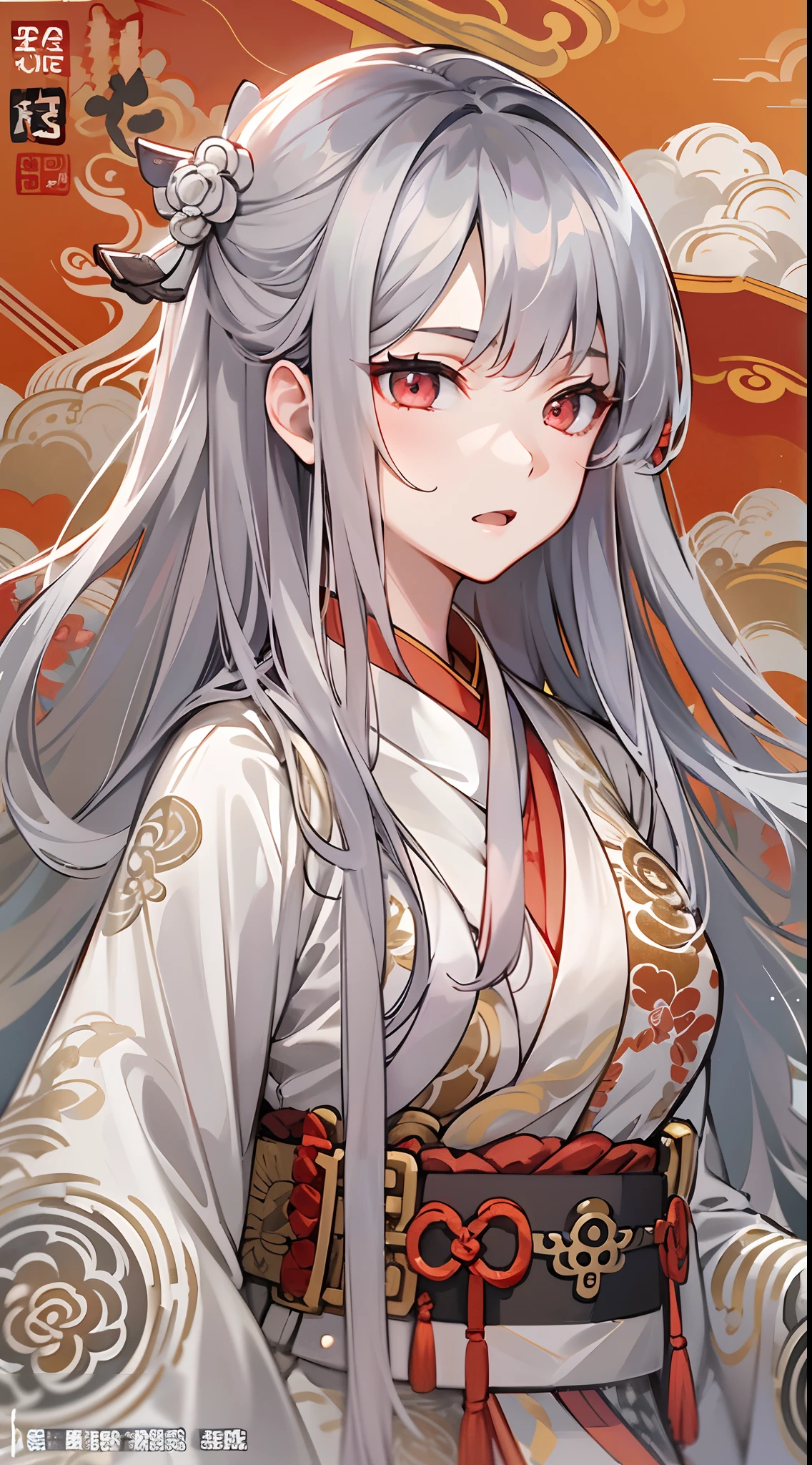 tmasterpiece，Need，超高分辨率，teens girl，adolable，Chinese ancient style，(Long silver-gray hair)，red color eyes，feater，fenghuang，Clouds，rays of sunshine，Kamimei