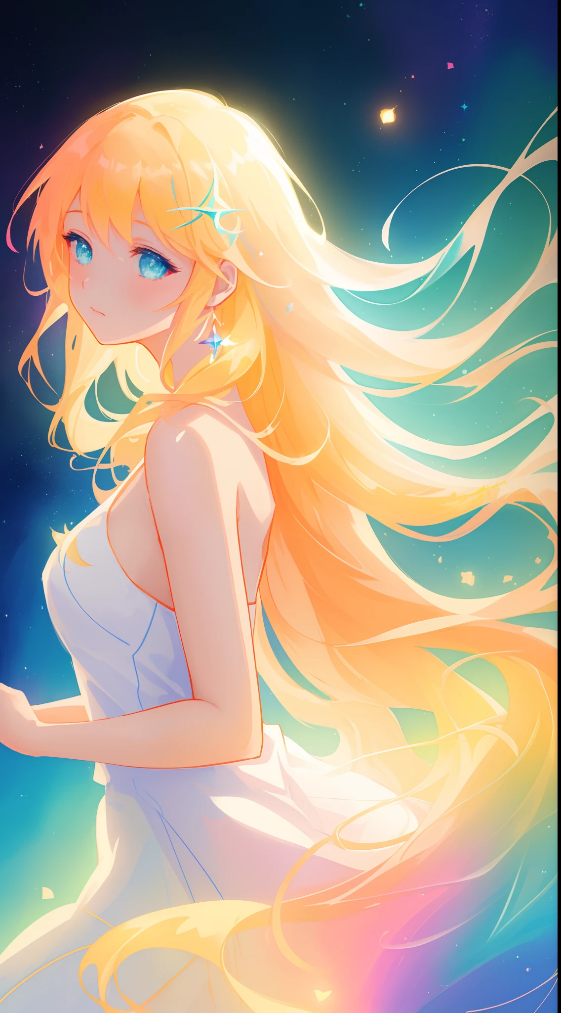 beautiful girl, simple white dress, vibrant pastel colors, (colorful), magical lights, long flowing golden hair, inspired by Glen Keane, inspired by Lois van Baarle, disney art style, by Lois van Baarle, glowing aura around her, by Glen Keane, jen bartel, glowing lights! digital painting, flowing glowing hair, glowing flowing hair, beautiful digital illustration, fantasia background, whimsical, magical, fantasy, beautiful face, ((masterpiece, best quality)), intricate details, highly detailed, sharp focus, 8k resolution, sparkling detailed eyes, liquid watercolor