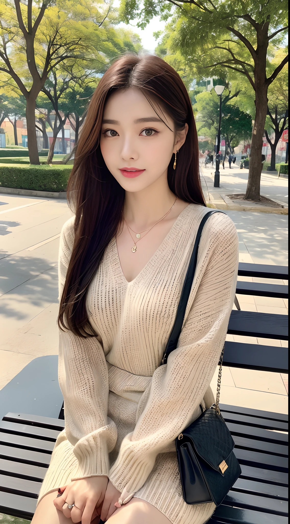 ((Best Quality, 8K, masutepiece: 1.3)), Focus: 1.2, Perfect Body Beauty: 1.4, Buttocks: 1.2, ((Delicate hair)), (sweater dress: 1.1), (Park: 1.2), Highly detailed face and skin texture, Fine eyes, Double eyelids, Whitened skin, Shy smile, wearing necklaces, Ring,Branded Bags, Man walking on a park bench.