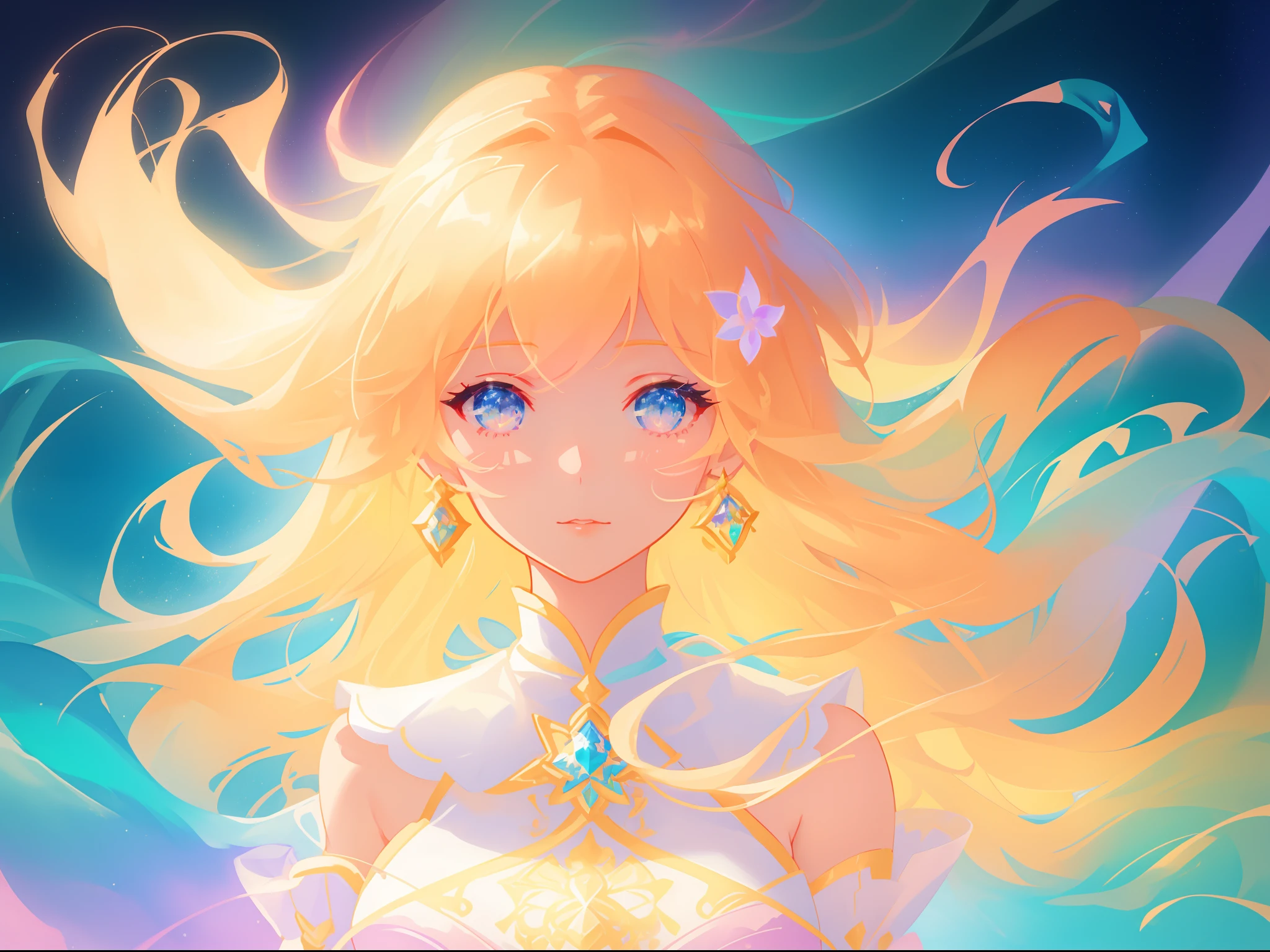 beautiful girl, flowing white gown, vibrant pastel colors, (colorful), magical lights, long flowing golden hair, inspired by Glen Keane, inspired by Lois van Baarle, disney art style, by Lois van Baarle, glowing aura around her, by Glen Keane, jen bartel, glowing lights! digital painting, flowing glowing hair, glowing flowing hair, beautiful digital illustration, fantasia background, whimsical, magical, fantasy, beautiful face, ((masterpiece, best quality)), intricate details, highly detailed, sharp focus, 8k resolution, sparkling detailed eyes, liquid watercolor