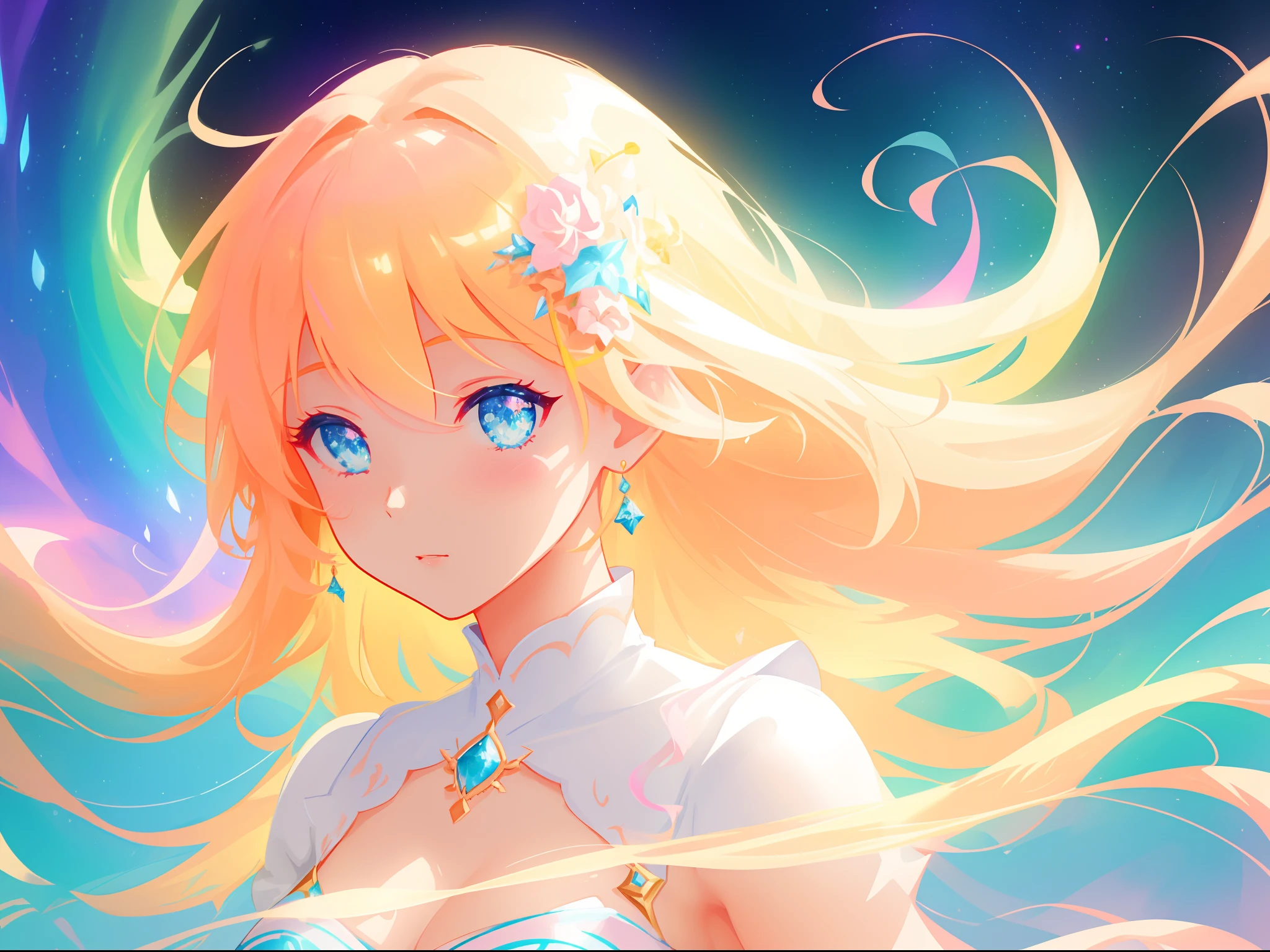 beautiful girl, simple white dress, vibrant pastel colors, (colorful), magical lights, long flowing golden hair, inspired by Glen Keane, inspired by Lois van Baarle, disney art style, by Lois van Baarle, glowing aura around her, by Glen Keane, jen bartel, glowing lights! digital painting, flowing glowing hair, glowing flowing hair, beautiful digital illustration, fantasia background, whimsical, magical, fantasy, beautiful face, ((masterpiece, best quality)), intricate details, highly detailed, sharp focus, 8k resolution, sparkling detailed eyes, liquid watercolor