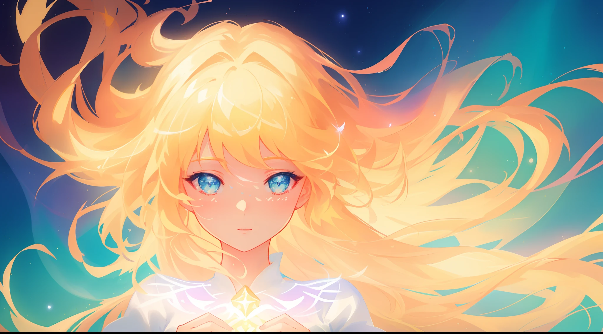 beautiful girl, simple white dress, vibrant pastel colors, (colorful), magical lights, long flowing golden hair, inspired by Glen Keane, inspired by Lois van Baarle, disney art style, by Lois van Baarle, glowing aura around her, by Glen Keane, jen bartel, glowing lights! digital painting, flowing glowing hair, glowing flowing hair, beautiful digital illustration, fantasia background, whimsical, magical, fantasy, beautiful face, ((masterpiece, best quality)), intricate details, highly detailed, sharp focus, 8k resolution, sparkling detailed eyes, liquid watercolor