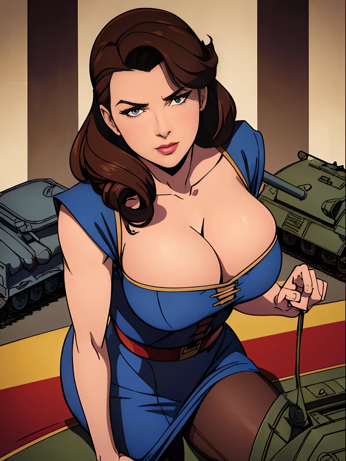 (masterpiece, top quality, best quality, official art, beautiful and aesthetic:1.2), (1girl:1.3), dark brown hair victory curls, vintage 1940's American hairstyle, extremely detailed, portrait, looking at viewer, solo, (full body:0.6), detailed background, close up, vintage makeup, retro style, (warm summer military base theme:1.1), busty human pinup girl, elegant face, long face, charlatan, smirk, mysterious, posing on top of a tank, red white and blue dress, stars and stripes, propaganda poster, patriotic costume, star spangled costume, high heels, legs, M4 Sherman tank, WWII tank, armored vehicle, ((((gigantic breasts, skindentation, cleavage)))), toned, slim waist, slim hips, long legs, muscular legs, historical (WW2 army base exterior:1.1) background, dark mysterious lighting, shadows, magical atmosphere, dutch angle