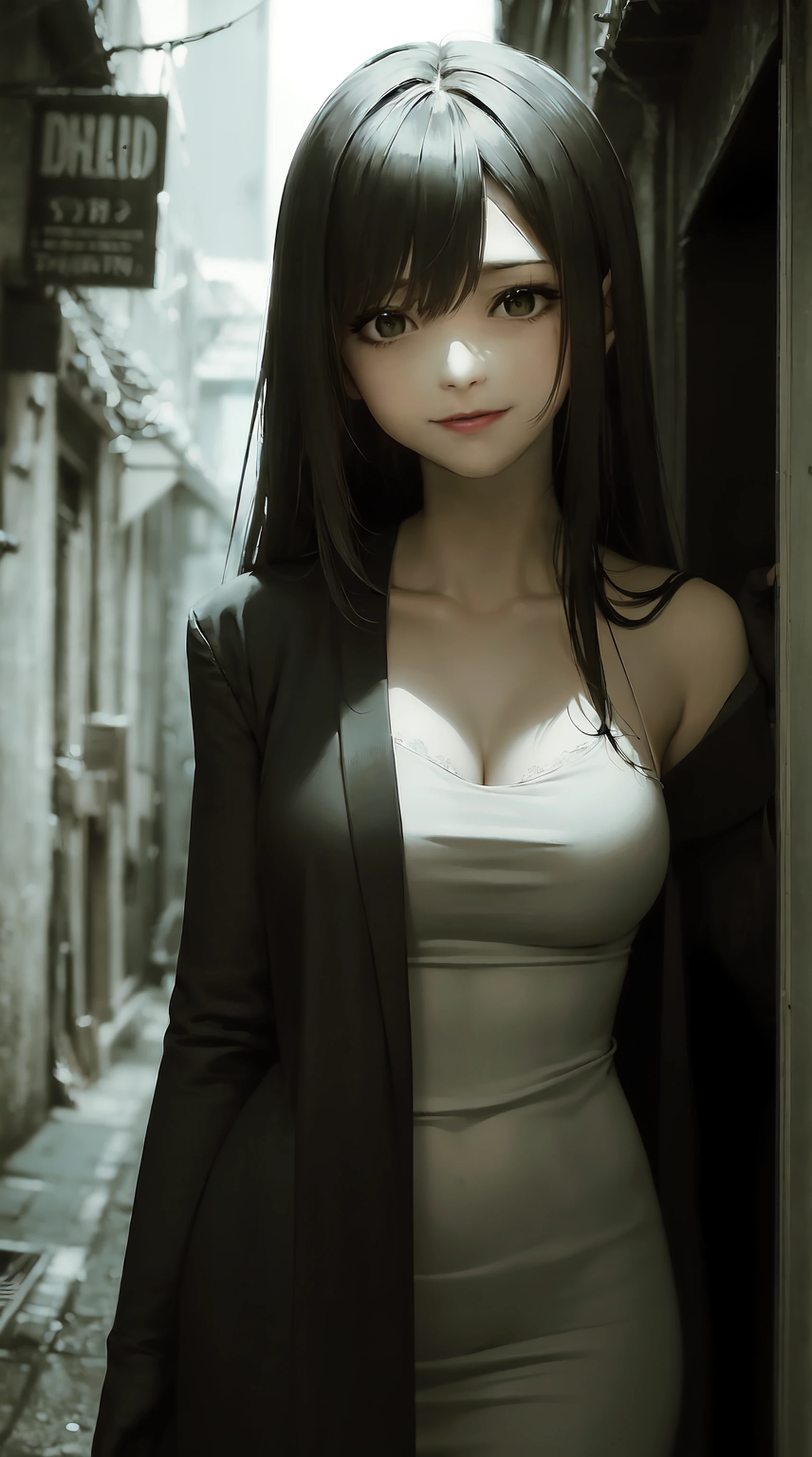 (best quality,highres),(mysterious,dark,nighttime) alleyway,(artistic,illustration-like) atmosphere,(eerie,gloomy,dark-toned) setting,(beautiful,detailed) girl,(mysterious,vampire-like) smile