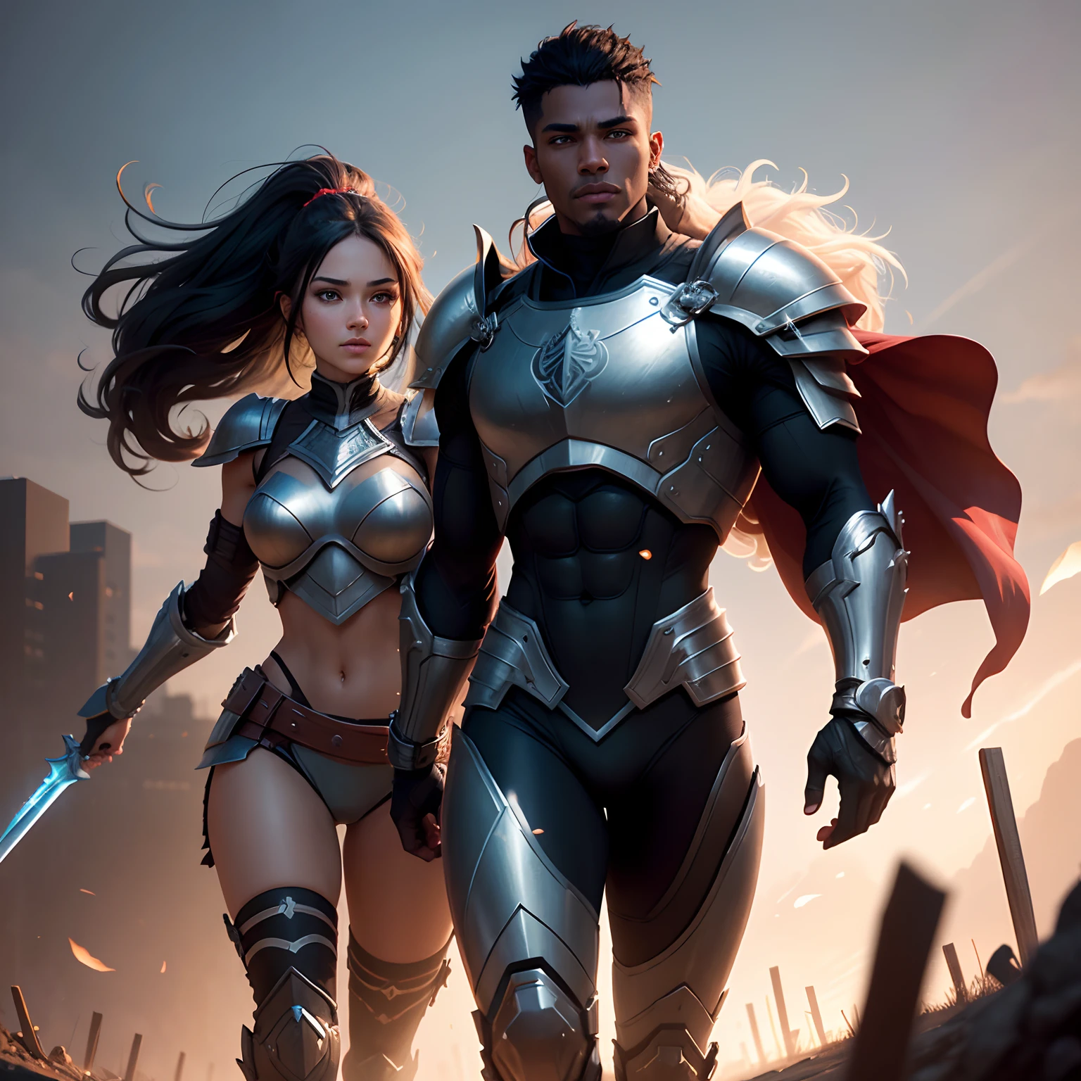 cartoon Black dark-skinned Teenage Centurion warriors,  red and grey armor, male and female working together, man and woman side by side, pretty face, clean face, highly detailed face, happy, female warrior, hyper detailed, 8k, unreal engine 5, celebrating, Full body Beautiful anime style girl, clean detailed faces, intracate clothing, analogous colors, glowing shadows, beautiful gradient, depth of field, clean image, football field setting, high quality, high detail, high definition, Luminous Studio graphics engine, cute face, heroic, sword, victory, Full body, Extremely Detailed face, eyes bright, beautiful girl, fantasy, Complimentary-Colors, insanely detailed and intricate, hyper realistic, super detailed, ultra hd, vivid, low angle