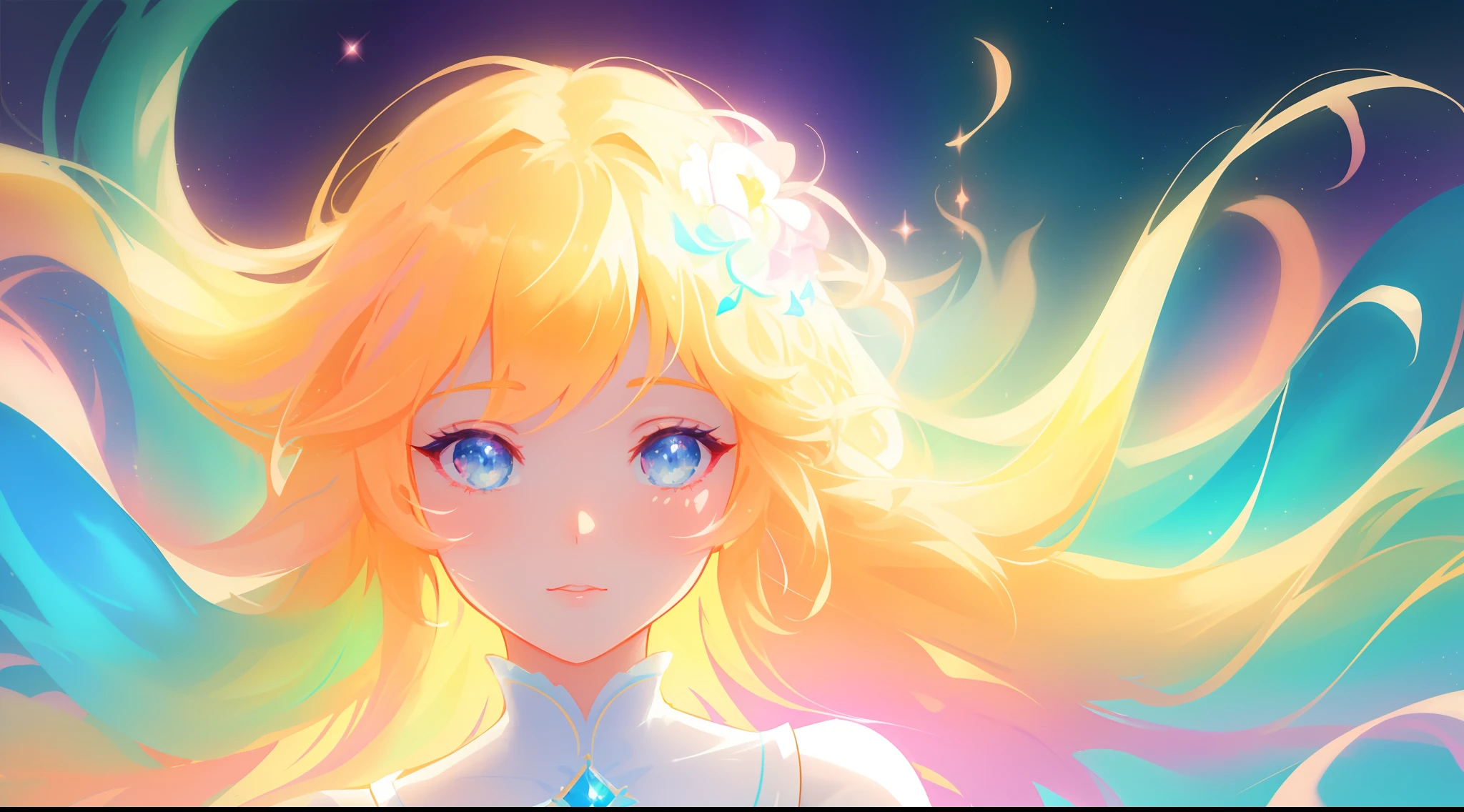 beautiful  girl, simple white dress, vibrant pastel colors, (colorful), magical lights, long flowing golden hair, inspired by Glen Keane, inspired by Lois van Baarle, disney art style, by Lois van Baarle, glowing aura around her, by Glen Keane, jen bartel, glowing lights! digital painting, flowing glowing hair, glowing flowing hair, beautiful digital illustration, fantasia background, whimsical, magical, fantasy, beautiful face, ((masterpiece, best quality)), intricate details, highly detailed, sharp focus, 8k resolution, sparkling detailed eyes, liquid watercolor