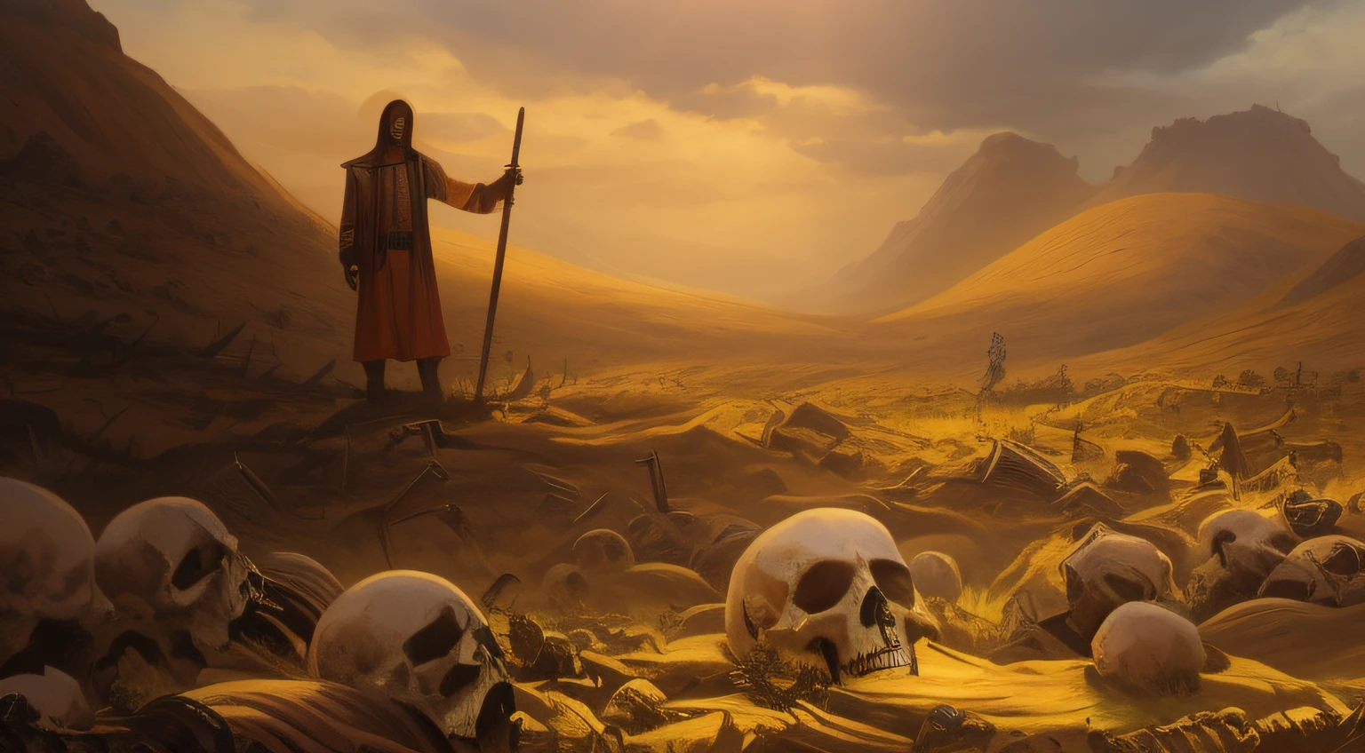 Image of two rappers standing in a field of skulls, Vale do deserto dos ossos, deus da morte, arte macabra de stanat cavado, Vale do fundo maldito, an ominous fantasy illustration, esqueletos ressuscitando dos mortos, A Terra da Morte, death is swallowed up in victory, Morte Vally, Deus da morte, medo da morte, death