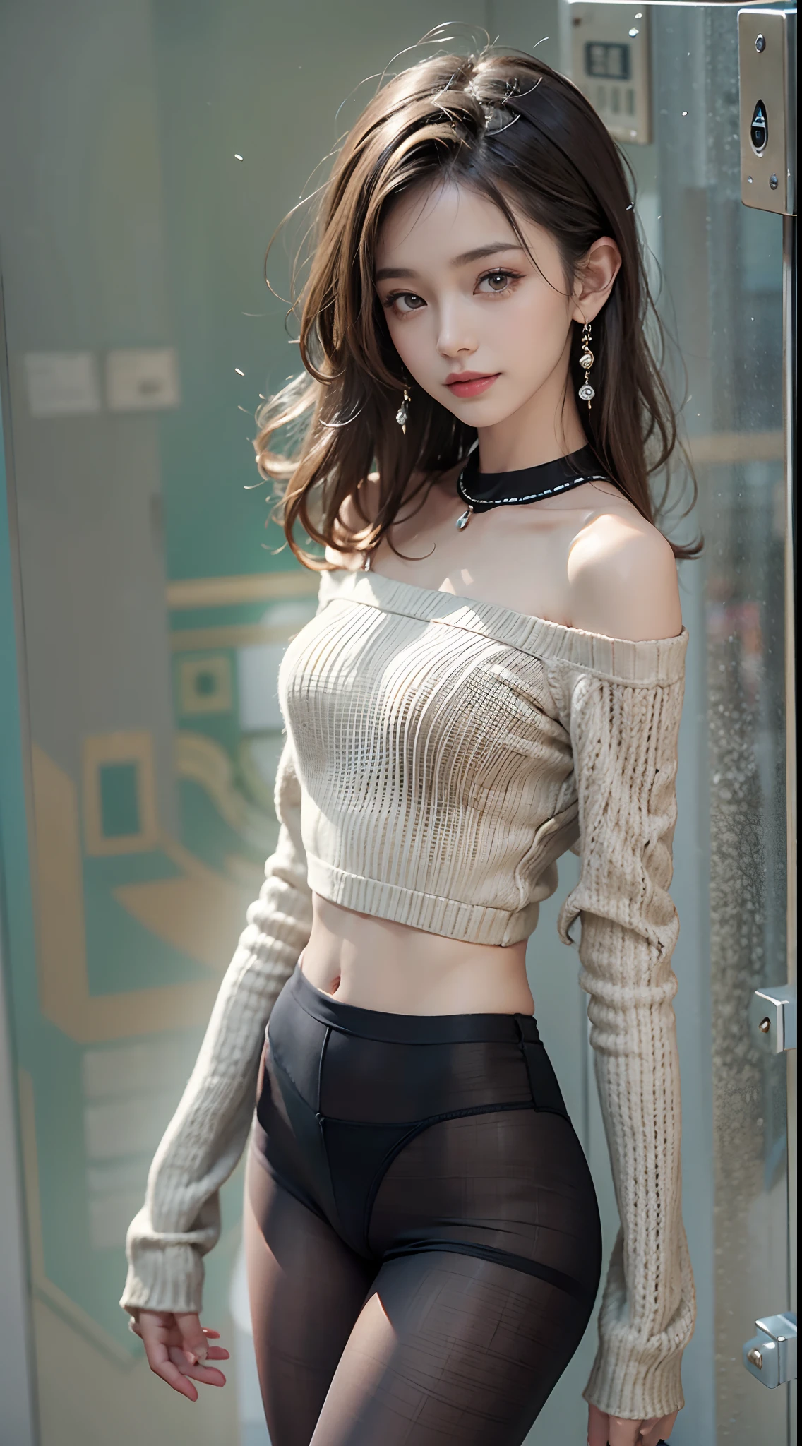off-the-shoulder sweater, The lower part of the body is bare, Wool panties, Panties with a small area, Smiling smile, (NSFW), 1womanl, 独奏, 24 year old, 7headed body, (Ideal ratio body proportions), (Composition from head to thigh), erectile nipple, Sexy body, Wet, short-hair, A dark-haired, small tits, A slender, Small buttocks, beauty legs, Skinny Legs, surrealism, Cinematic lighting, depth of fields, One-person viewpoint, F/1.8, 135 mm, nffsw, masutepiece, ccurate, ((Anatomically correct)), Textured skin, Super Detail, high details, High quality, awardwinning, Best Quality, hight resolution, 8K