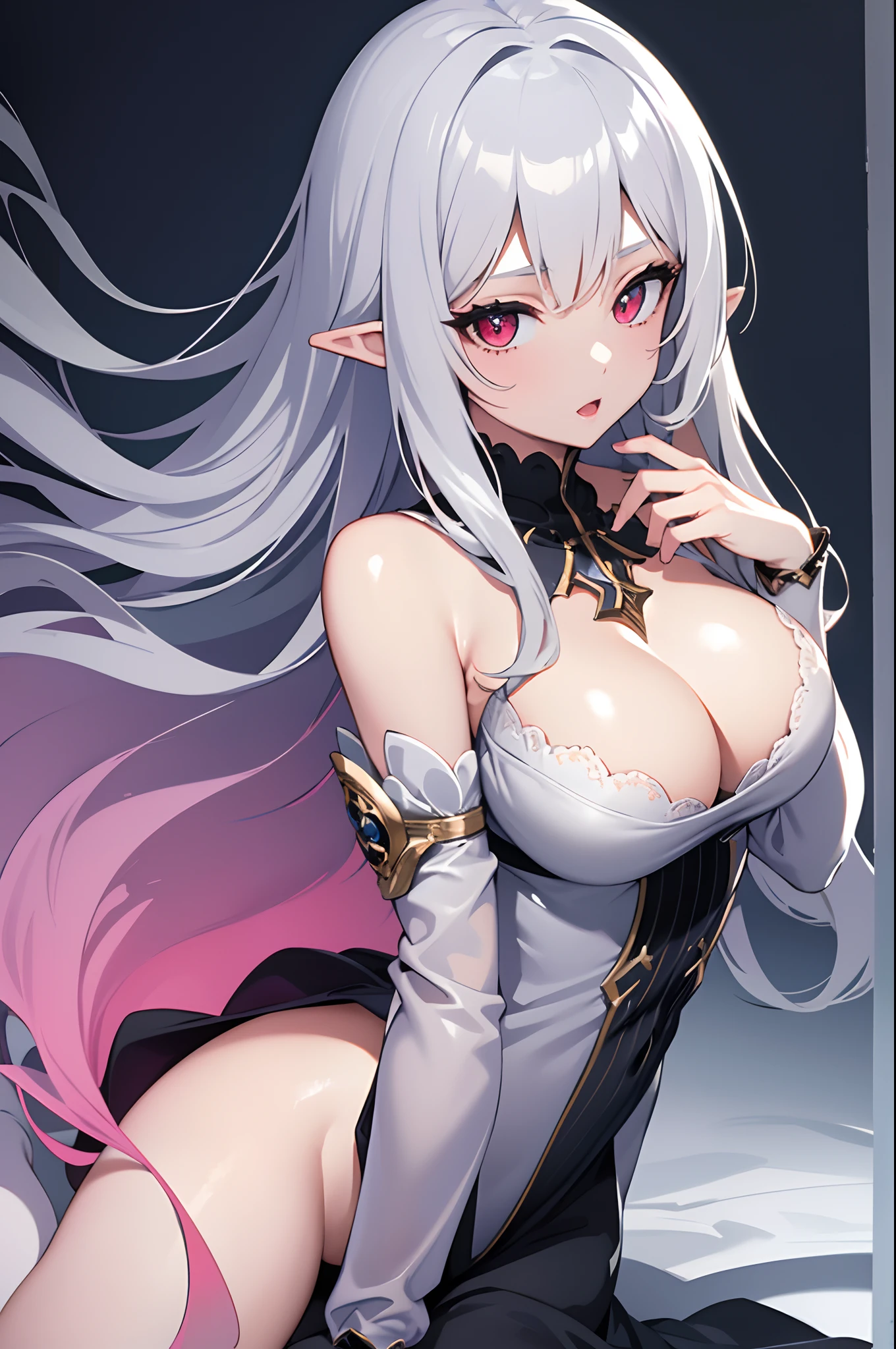 1girl, anime, cute girl, elf, blank background, white background, fantasy, detailed dark fantasy dress with highlights, beautiful face, beautiful eyes, dark colors, medium breasts, slight cleavage, beautiful skin, cute, silver hair, red eyes, breast curtains, extremely delicate and beautiful, (beautiful detailed face:1.0), (detailed deep eyes), symmetrical breasts, deep eyes, shiny skin, portrait, slender waist, hips wider than shoulders, thighs, young girl