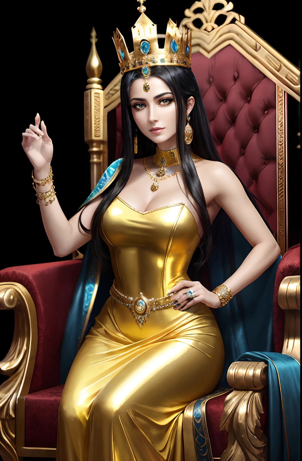 Queen of Babylon , with black hair and yellow green eyes, is glossy-skinned, looks gorgeous and dignified, has high self-esteem, wears long blue queen dress with jeweled belt, beautiful queen with perfect look, perfect body, beautiful face, puts on an golden crown, is sitting on golden throne, is commanding servants, Babylon iraqi palace, Peacocks, Babylon mythology, splendid atmosphere, photorealistic, super high quality, super detail, description of ultra-accurate, precise hands, masterpiece, 8K, HDR