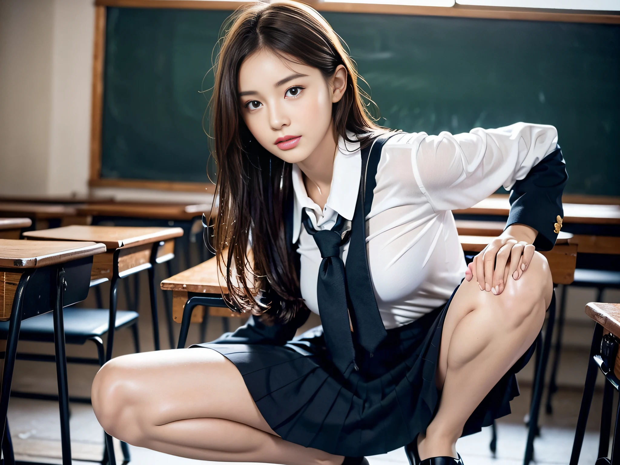 (((32ｋ,high detal,high-detail、​masterpiece,Attention to detail,full body Esbian,独奏))),Raw photo & realistic atmosphere,beautiful dark blue eyes,Detailed mouth,Glossy lips,Detailed eyebrows,Soft white skin that shines with every detail,Eyes drawn in detail、azure eyes,Very beautiful eyes,Detailed lips、Very beautiful face,Very well-formed face、Lifelike face,shiny beautiful lips, Realistic Young Gravure Idol, very beautiful school girl, ,Moderately beautiful, Young Sensual Gravure Idol, Young Gravure Idol, Beautiful, Cute and sexy１6  schoolgirl,Wet,with a flushed face,Incredibly beautiful１Girls aged 6,short-cut,Brown shiny hair,Hair is wet,（M-shaped legs spreading in classroom,Lorena beautiful 16 year irl,The skirt is flipped up,Lace panties are visible:1.7）,（Beautiful fece,Looking at the camera：1.6）,（The front of the black schoolgirl uniform is languidly open,darkness,Very dark,Pitch-black classroom with no lights on,Illuminate the subject with a flashlight,spot light：1.6）,（Sexy body,well-shaped breasts,,Immature body, I'm anxious and about to cry,Moist eyes,cold smile,The glaring face is also beautiful：1.5）,（Uniforms are torn to tatters,Sexy exposure,Detailed clean fingers,Correct hand,Front exposed,Squatting and slouching：1.8）
