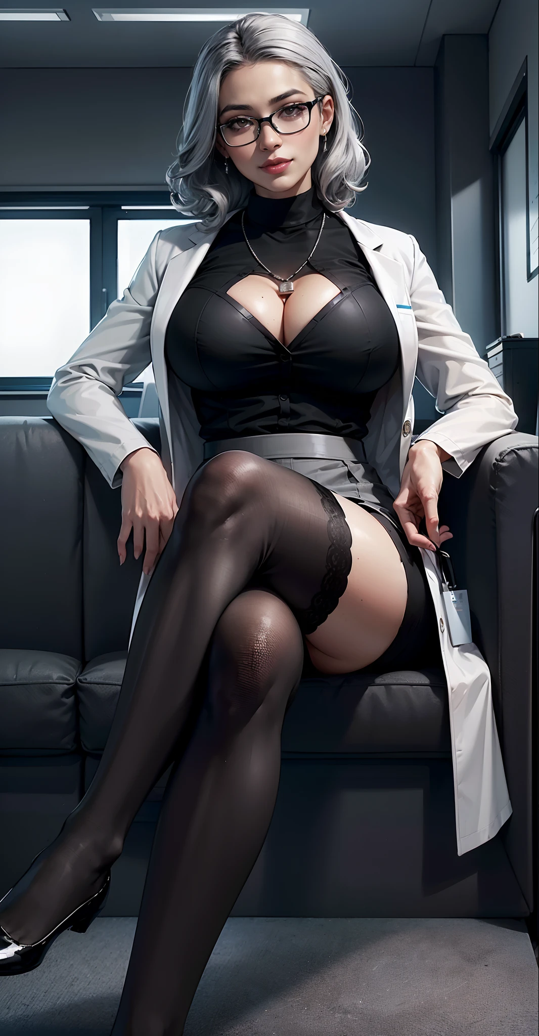 (best quality:2.0), HDR,realistic,((16K)),((1080P)),RTX4090 Titan,intricate detailed,high resolution,(high-res:1.5),bright lighting,1woman,((with glasses)),((ebony skin:1.3)),((light smile:1.1)),holding a file,elegance,((huge cleavage:1.2)),thick lips,pink lipstick,long eyelashes,pink eye-shadow,golden ratio body,high waist,F-Cup breasts,cleavage,slim waist,wide hips,big buttocks,bubble butt,juicy ass,cameltoe,(Detailed face),ear pendants, necklace,jewelry,(((sitting on the sofa,in the office:1.3))),((doctor uniform,white coat,black shirt,gray skirt,black thighs stockings:1.3)),((silver hair)),curly hair,dynamic shot,wet clothes,((crossed legs:1.3))