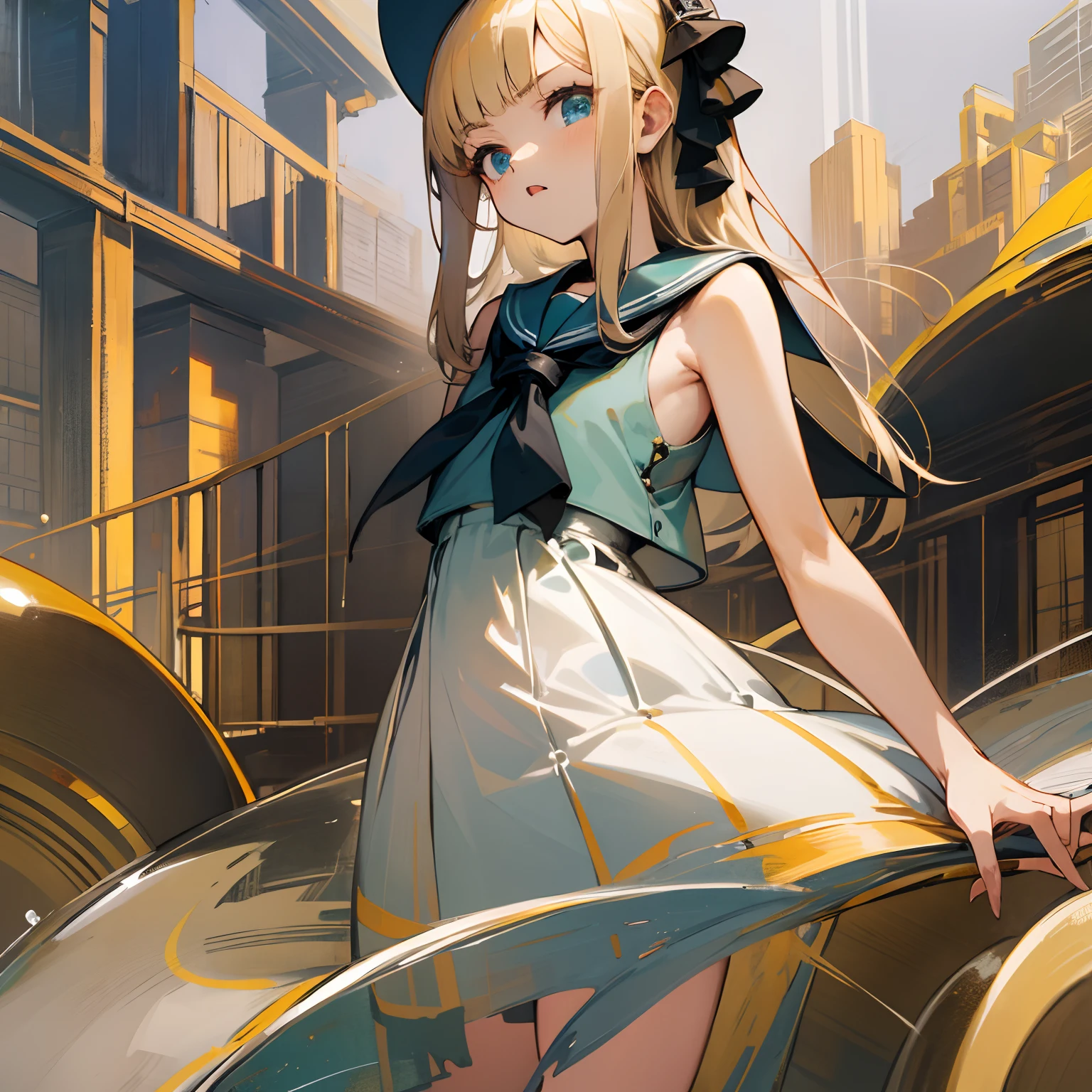 Reines, 1girl, high quality, best quality, illustration, masterpiece, (highly detailed:1.2), (extremely detailed:1.3), flat chest, bare shoulders, young girl, sailor uniform, summer, sleeveless, sailor dress, loli, petite