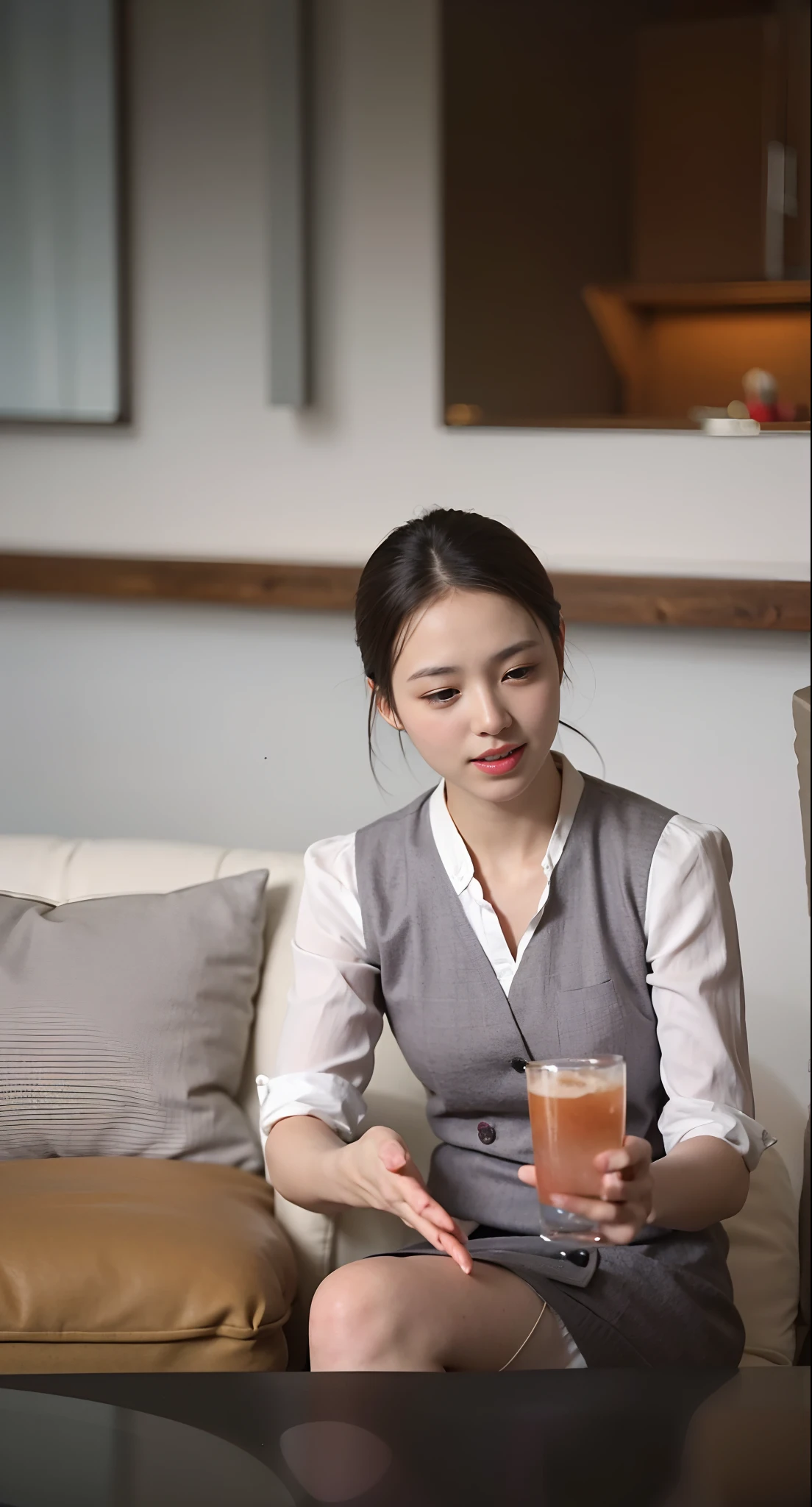 A Chinese customer service woman sitting on a sofa, holding a glass of drink, texting on WeChat, with a beautiful sunset in the background. (Waitress) Feminine voice, creating a warm and cheerful atmosphere. The room is filled with the soft morning light and the gentle evening sunlight. The scene feels like a vintage advertisement photo, capturing the essence of a summer evening. The artwork depicts a classic portrait of the woman, showcasing her genuine personality. The colors are vibrant, reflecting the hues of the early morning and the cheerful atmosphere of a brand new day. The painting skillfully captures the tranquility of the morning and the enchanting beauty of the evening. Chen Lulu, the customer service representative, is portrayed in a candid and natural way. The artwork evokes a sense of serenity and calmness, perfect for an early morning or a peaceful evening. The painting has a touch of fanart essence, adding a unique and personal touch to the artwork.