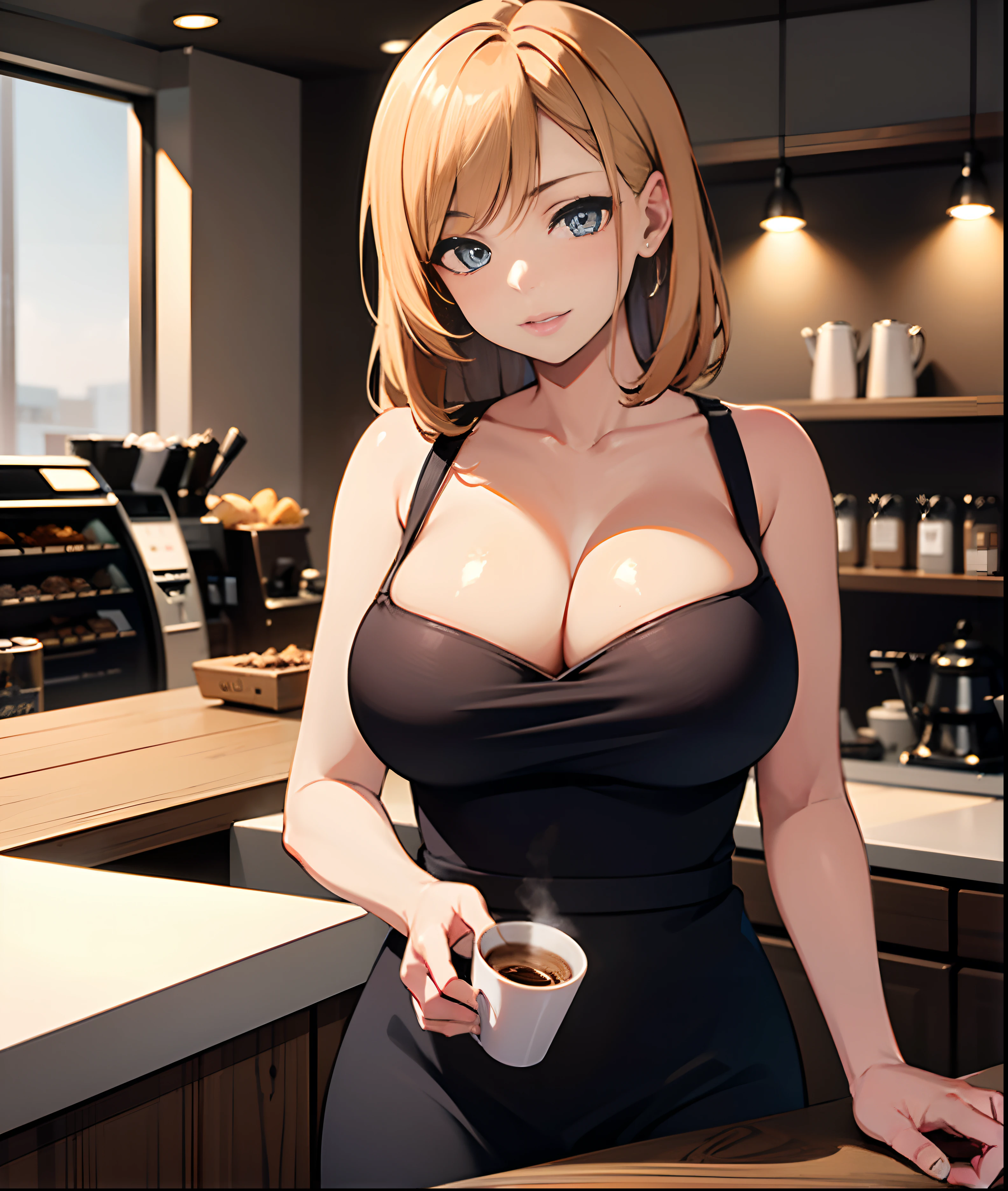 1 Beautiful adult girl making coffee in cafe, hot girl, intricate details, 8k, wearing clothes, image clicked by professional camera, cinematic lighting, massive breast
