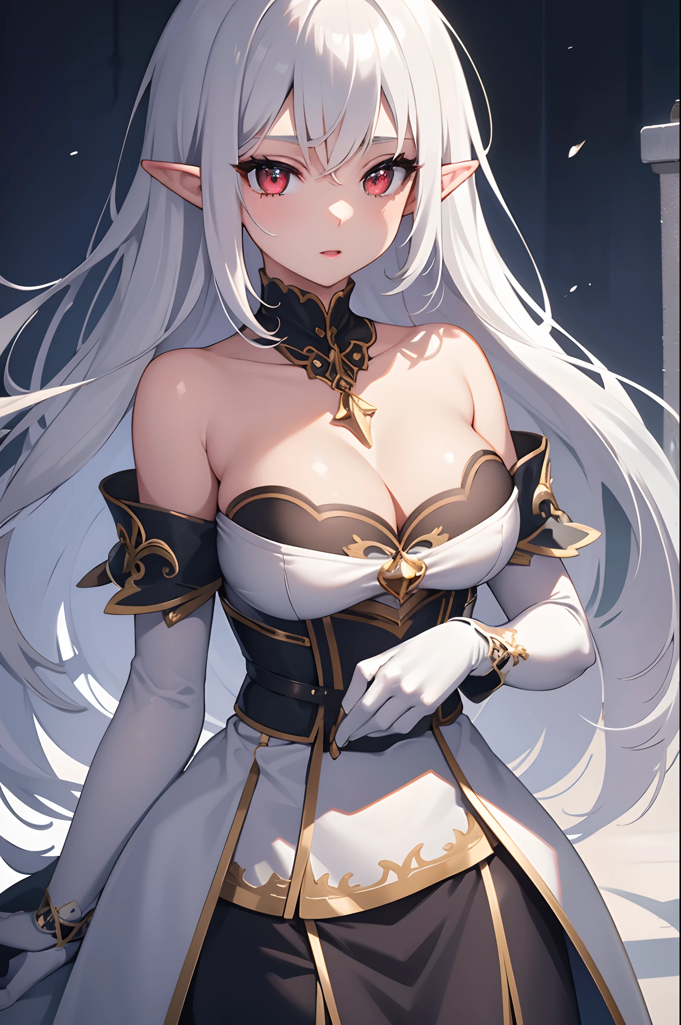 1girl, anime, cute girl, elf, blank background, white background, fantasy, detailed dark fantasy dress with highlights, beautiful face, beautiful eyes, dark colors, medium breasts, slight cleavage, beautiful skin, cute, silver hair, red eyes, breast curtains, extremely delicate and beautiful, (beautiful detailed face:1.0), (detailed deep eyes), symmetrical breasts, deep eyes, shiny skin, portrait, slender waist, hips wider than shoulders, thighs, young girl
