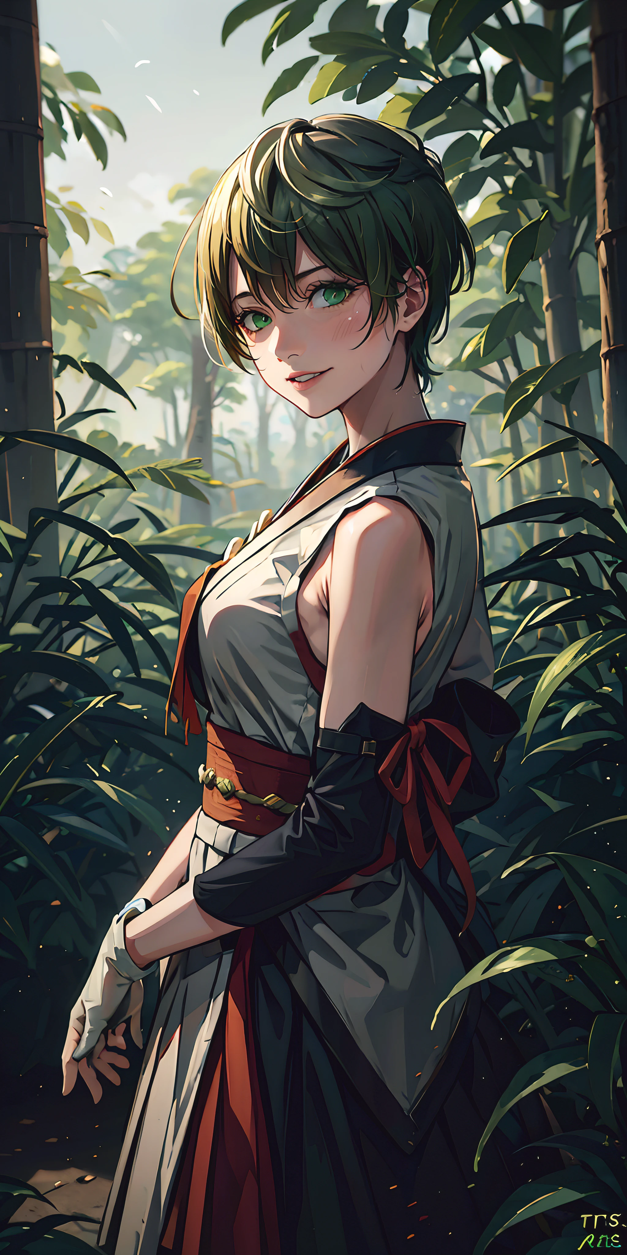 tenka izumo, (short hair, green hair:1.6), green eyes, multicolored hair, sweating, gloves, japanese_clothes, 1girl, kimono, solo, bamboo_forest, bamboo, hakama, wide_sleeves, nature, black_gloves, forest, looking_at_viewer, standing, glow effects, godrays, Hand drawn, render, 8k, octane render, cinema 4d, blender, dark, atmospheric 4k ultra detailed, cinematic, Sharp focus, big depth of field, Masterpiece, colors, 3d octane render, 4k, concept art, trending on artstation, hyperrealistic, Vivid colors, extremely detailed CG unity 8k wallpaper, trending on CGSociety, Intricate, High Detail, dramatic"",