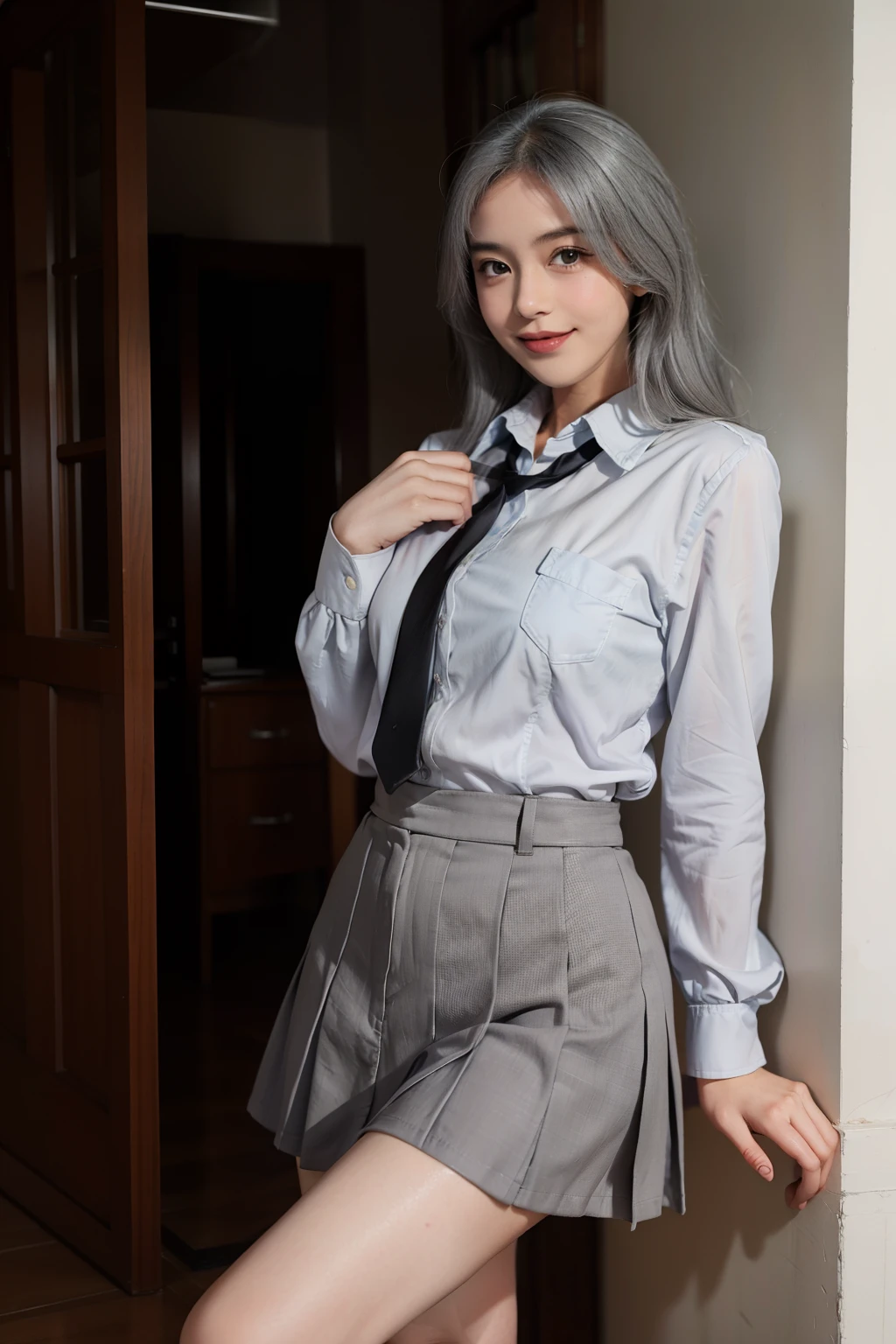  girl, touching her clothes, school girl, medium grey hair,  smile, crossing her leg