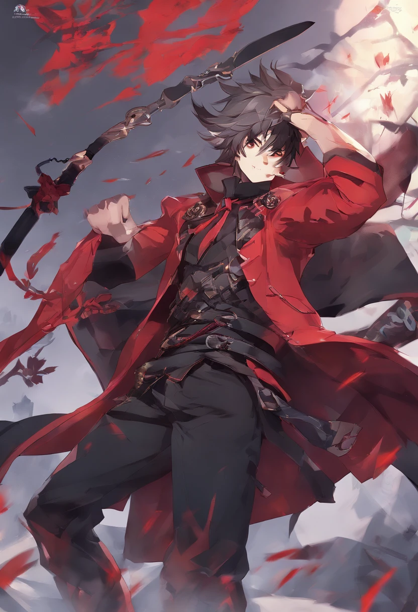 uma foto de um homem com uma jaqueta vermelha e preta e uma jaqueta vermelha e preta, cara bonito na arte demon slayer, Keqing de Genshin Impact, Gatilho Estilo de Arte de Anime, Zhongli, Genshin Impact, personagem de anime masculino, Kazuya Tsurumaki, Personagem Genshin Impact, sorriso roguish
