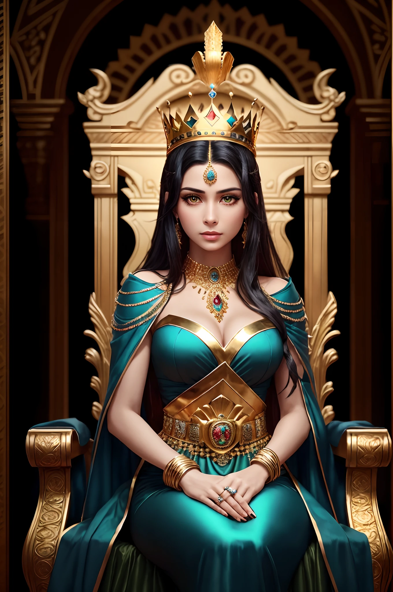 Splendid Queen A woman in a blue dress sitting on a gold throne - SeaArt AI