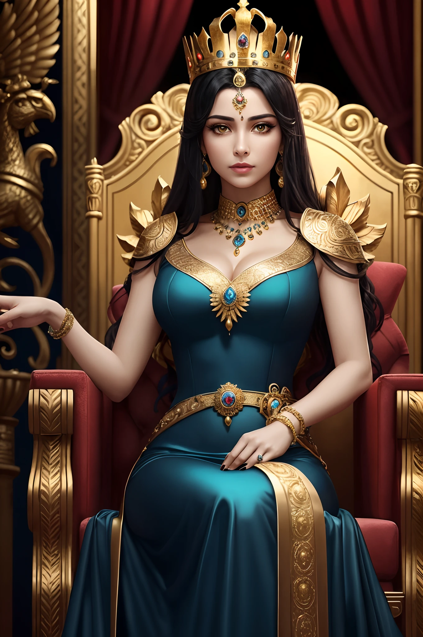 Queen of Babylon , with black hair and yellow green eyes, is glossy-skinned, looks gorgeous and dignified, has high self-esteem, wears long blue queen dress with jeweled belt, beautiful queen with perfect look, perfect body, beautiful face, puts on an golden crown, is sitting on golden throne, is commanding servants, Babylon iraqi palace, Peacocks, Babylon mythology, splendid atmosphere, photorealistic, super high quality, super detail, description of ultra-accurate, precise hands, masterpiece, 8K, HDR