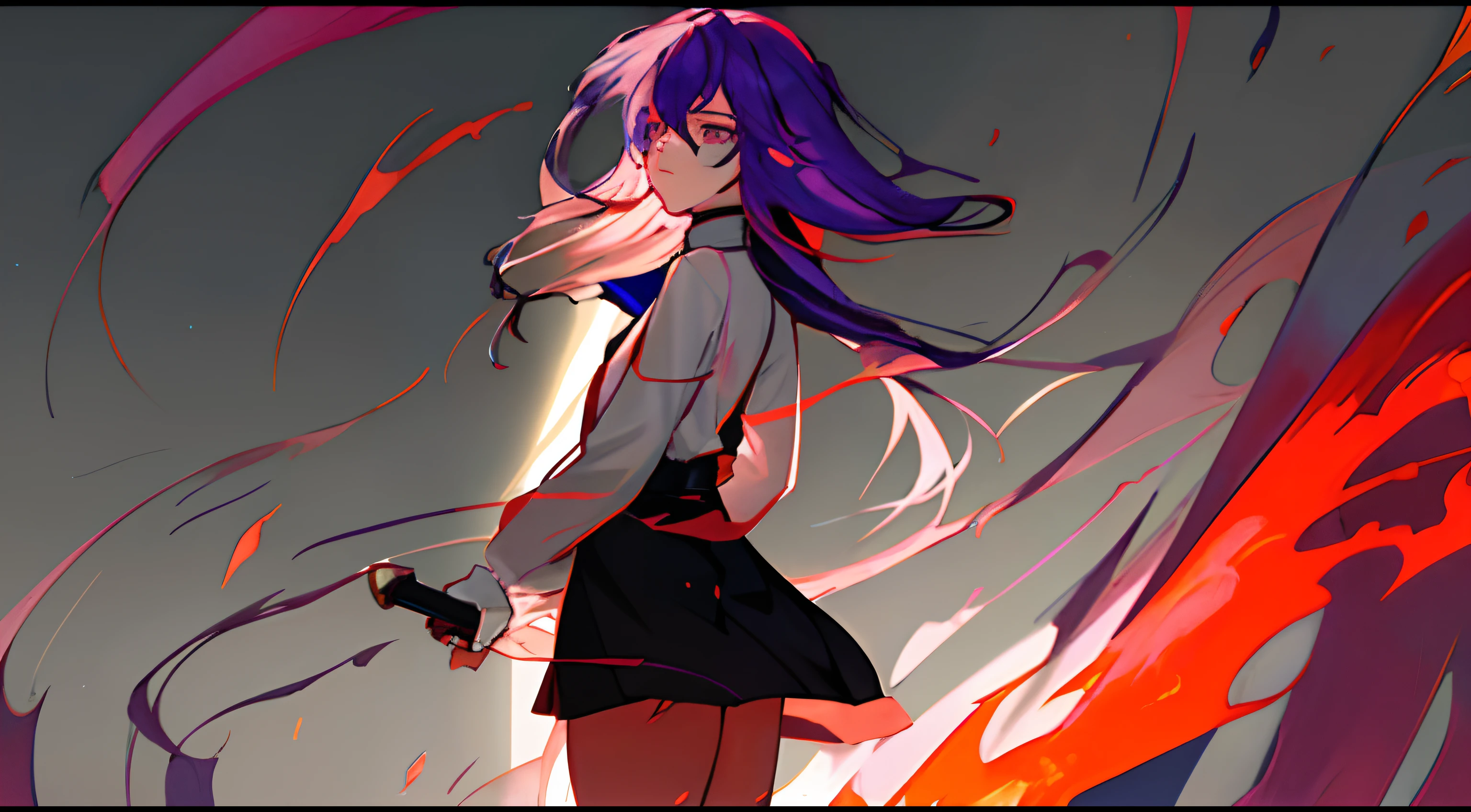 A painting of a woman with long hair and a white shirt, cel - shaded art style, inspired by Kamisaka Sekka, inspired by Josetsu, gapmoe Yandere, anime style like fate/stay night, Fire!! full bodyesbian, flat anime style shading, made with anime painter studio, the anime girl is running, Yandere, unknown artstyle