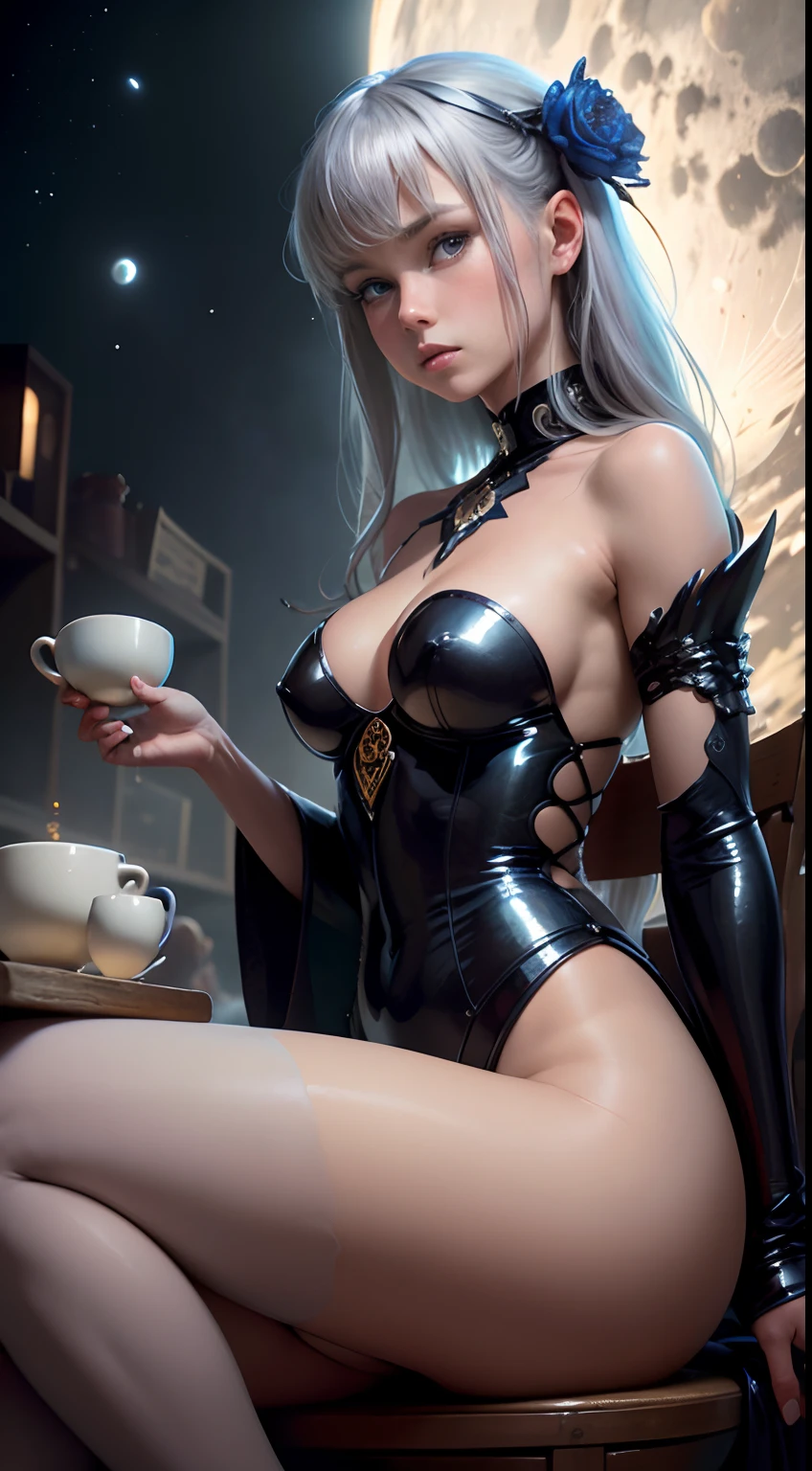 Christian Riese Lassen, Charles Robinson, Margaret Tarrant, Japanese anime, surreal, mysterious, bizarre, fantastical, fantasy, Sci-fi weird, solo beautiful girl, perfect voluminous body, full moon sinking to the bottom of a cup, cafe, detailed masterpiece high resolution definition quality, depth of field, cinematic lighting