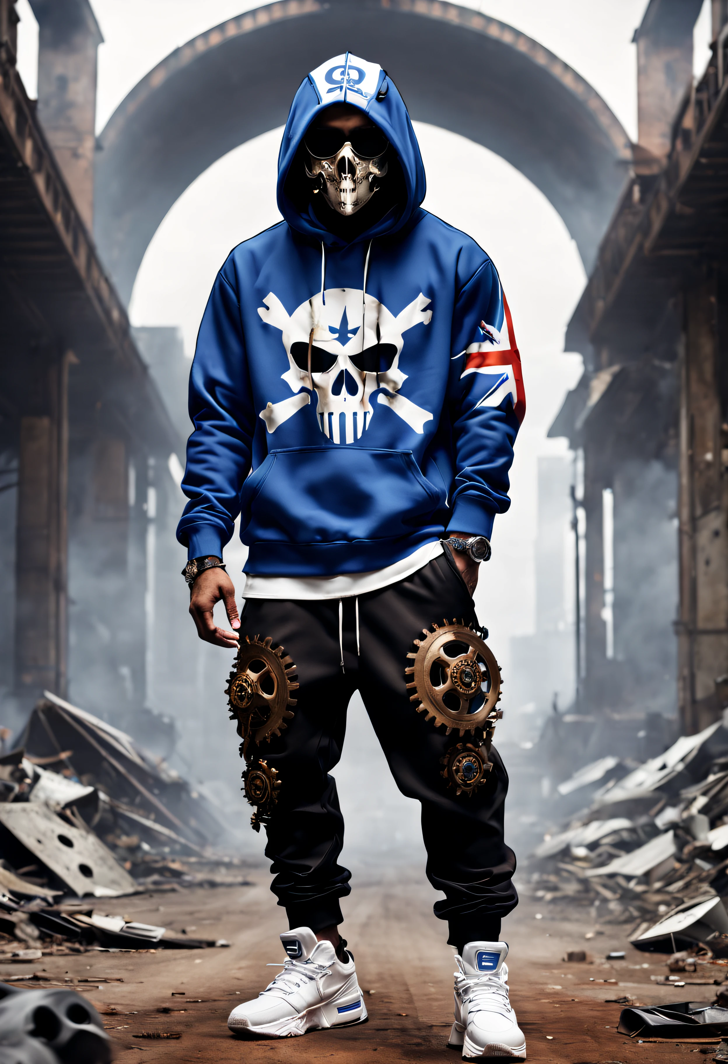 Rapper with white and blue QUEBEC flag hoodie, front view,  black baggie pants, rusted and damaged intricate details, gears and bullets, metal skull mask, dynamic hiphop pose, hazy atmosphere, rusty microphone scattered on the ground