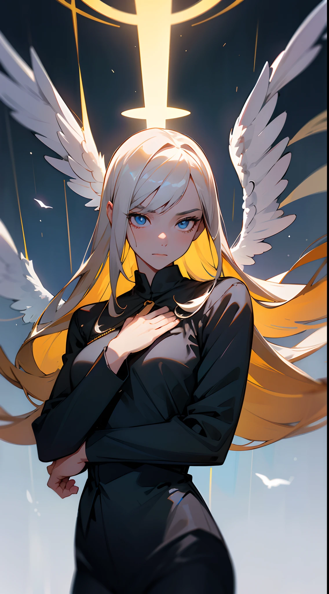 Black pantsuit， Black T-shirt with， melancholy lighting， A tranquil， peacful， luminance， tmasterpiece， best qualityer， （Ultra photo realsisim：1.3）， （tmasterpiece：1.4）， best qualtiy， （（realisticlying））， high high quality， ultra - detailed， （（Authentic images））， （（Realistic skin））， （（photorealiscic face））， （illustratio：1.05）， （Handsome：1.05）， （beatiful detailed eyes：1.05）， （cinematric light：1.1）， Blue in the detachment， perfect whole body，Black and blue clothes，White sneakers，（Beautiful women），(perfect body figure), long whitr hair，Detailed face, Perfect face, (The stands up), Detailed background, ((Bonifasko lighting)), (Detailed eyes), perfect pupils，a dark tanned skin，The halo，Angel wings，Kamimei