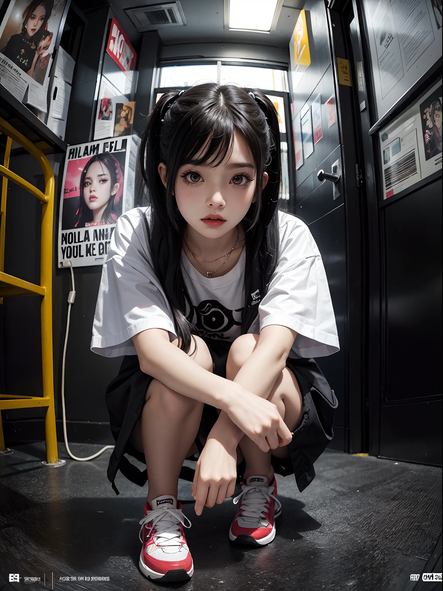 y2k, alternative fashion, 1girl, yab, illustration, poster, idol, squat, fisheye lens