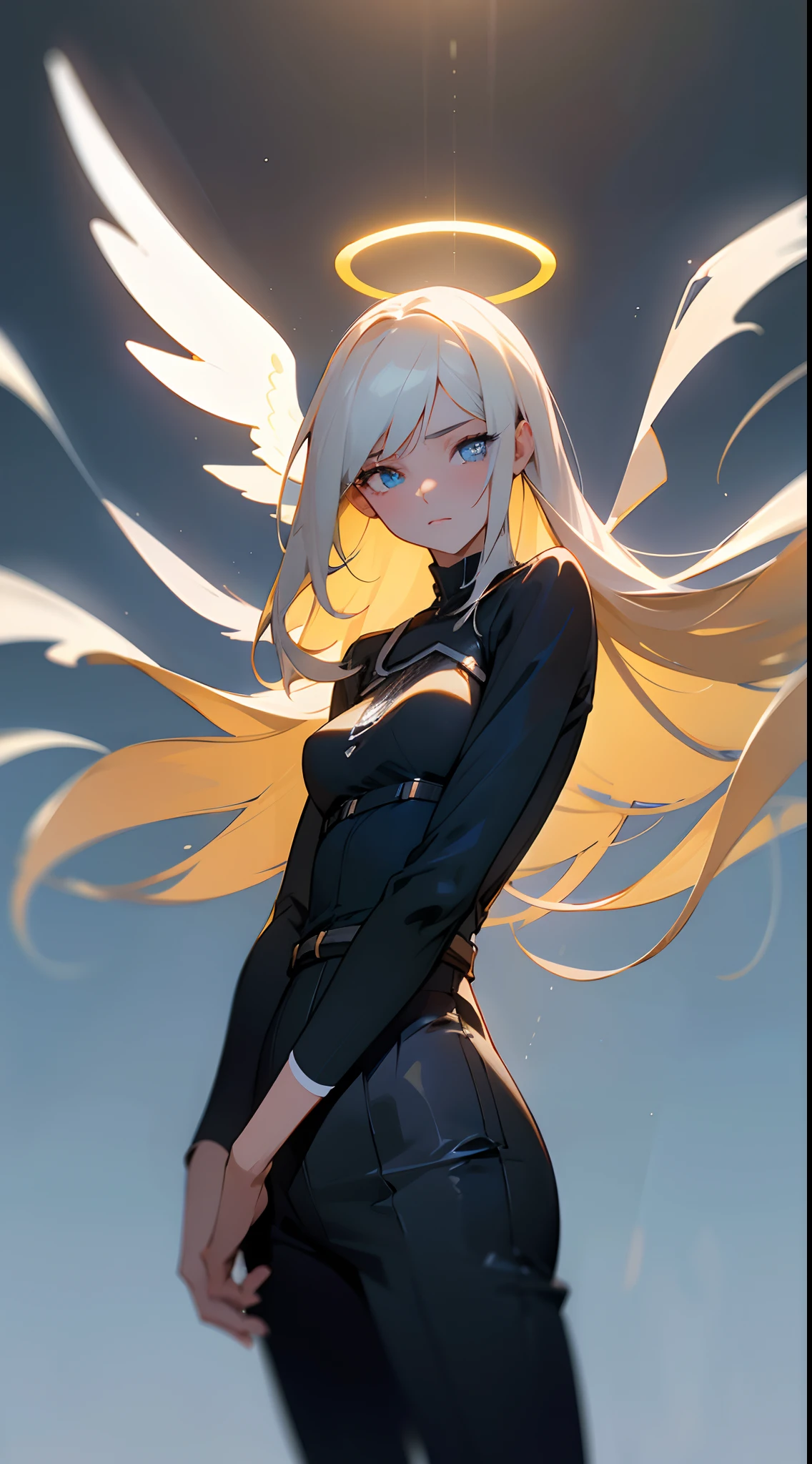 Black pantsuit， Black T-shirt with， melancholy lighting， A tranquil， peacful， luminance， tmasterpiece， best qualityer， （Ultra photo realsisim：1.3）， （tmasterpiece：1.4）， best qualtiy， （（realisticlying））， high high quality， ultra - detailed， （（Authentic images））， （（Realistic skin））， （（photorealiscic face））， （illustratio：1.05）， （Handsome：1.05）， （beatiful detailed eyes：1.05）， （cinematric light：1.1）， Blue in the detachment， perfect whole body，Black and blue clothes，White sneakers，（Beautiful women），(perfect body figure), long whitr hair，Detailed face, Perfect face, (The stands up), Detailed background, ((Bonifasko lighting)), (Detailed eyes), perfect pupils，a dark tanned skin，The halo，Angel wings，Kamimei
