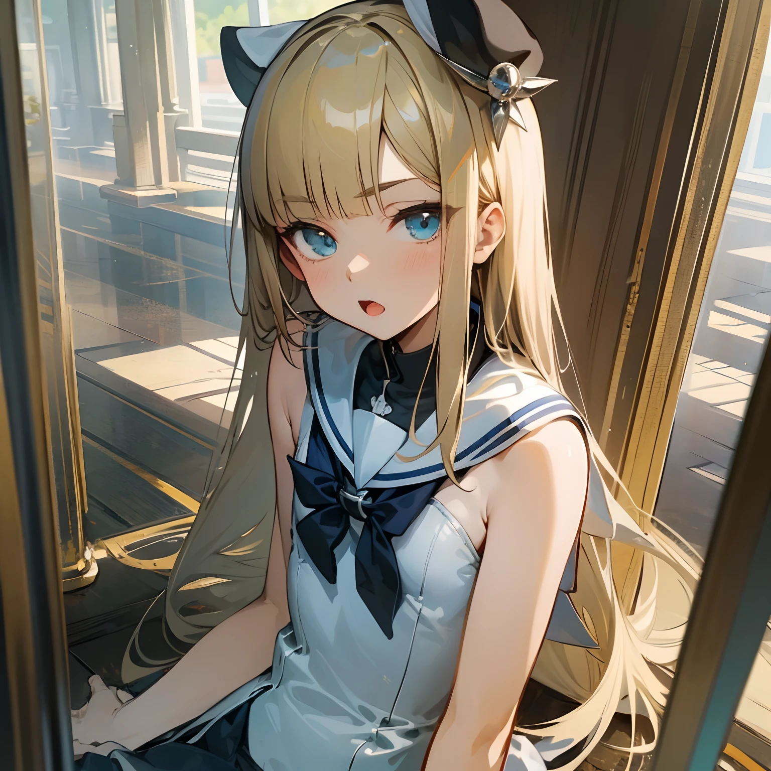 Reines, 1girl, high quality, best quality, illustration, masterpiece, (highly detailed:1.2), (extremely detailed:1.3), flat chest, bare shoulders, young girl, sailor uniform, summer, sleeveless, sailor dress, li, pee