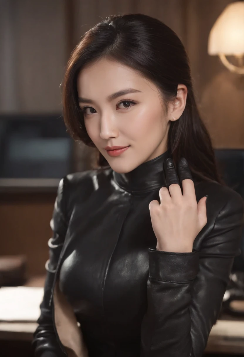 Wearing black leather gloves in both hands, upper body, black business suit, facing the desk in my room with a computer in the dark, looking down and smiling, operating the computer with the fingertips of black leather gloves, black hair bundled at the back for a long time, still young and very cute Japanese female new employee (black leather gloves cover both hands)