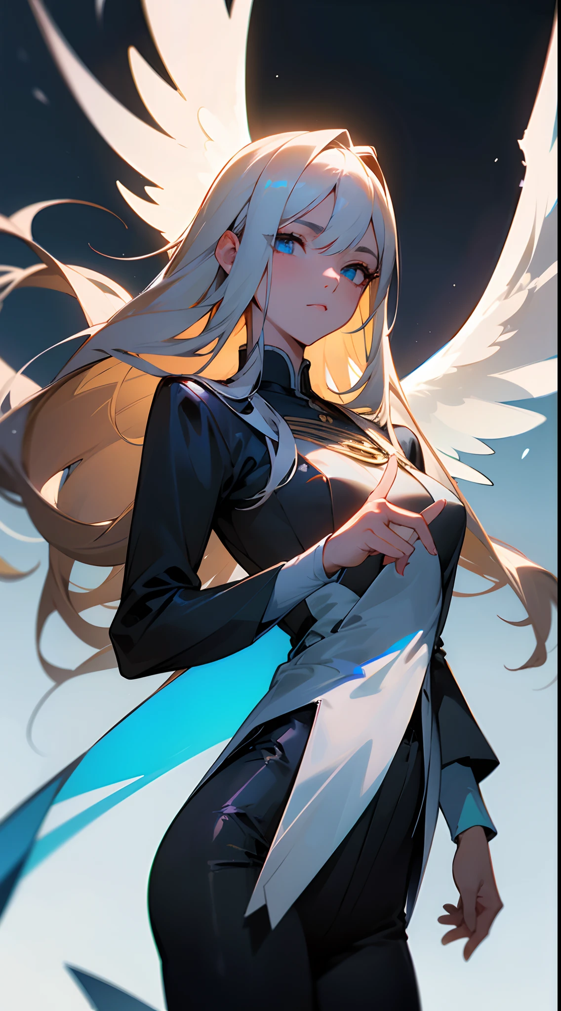 Black pantsuit, Black T-shirt with, melancholy lighting, A tranquil, peacful, luminance, tmasterpiece, best qualityer, (Ultra photo realsisim:1.3), (tmasterpiece:1.4), best qualtiy, ((realisticlying)), high high quality, ultra - detailed, ((Authentic images)), ((Realistic skin)), ((photorealiscic face)), (illustratio:1.05), (Handsome:1.05), (beatiful detailed eyes:1.05), (cinematric light:1.1), Blue in the detachment, perfect whole body,Black and blue clothes,White sneakers,(Beautiful women),(perfect body figure), long whitr hair,Detailed face, Perfect face, (The stands up), Detailed background, ((Bonifasko lighting)), (Detailed eyes), perfect pupils,a dark tanned skin,The halo,Angel wings,Kamimei