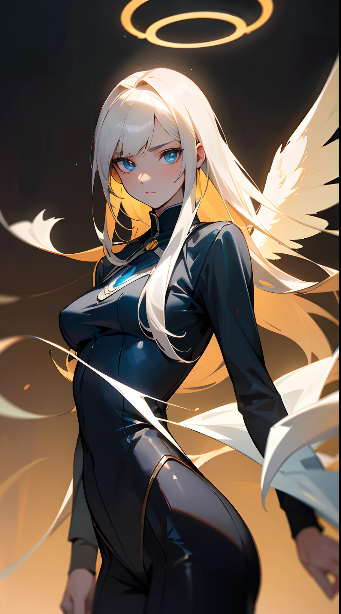 Black pantsuit， Black T-shirt with， melancholy lighting， A tranquil， peacful， luminance， tmasterpiece， best qualityer， （Ultra photo realsisim：1.3）， （tmasterpiece：1.4）， best qualtiy， （（realisticlying））， high high quality， ultra - detailed， （（Authentic images））， （（Realistic skin））， （（photorealiscic face））， （illustratio：1.05）， （Handsome：1.05）， （beatiful detailed eyes：1.05）， （cinematric light：1.1）， Blue in the detachment， perfect whole body，Black and blue clothes，White sneakers，（Beautiful women），(perfect body figure), long whitr hair，Detailed face, Perfect face, (The stands up), Detailed background, ((Bonifasko lighting)), (Detailed eyes), perfect pupils，a dark tanned skin，The halo，Angel wings，Kamimei