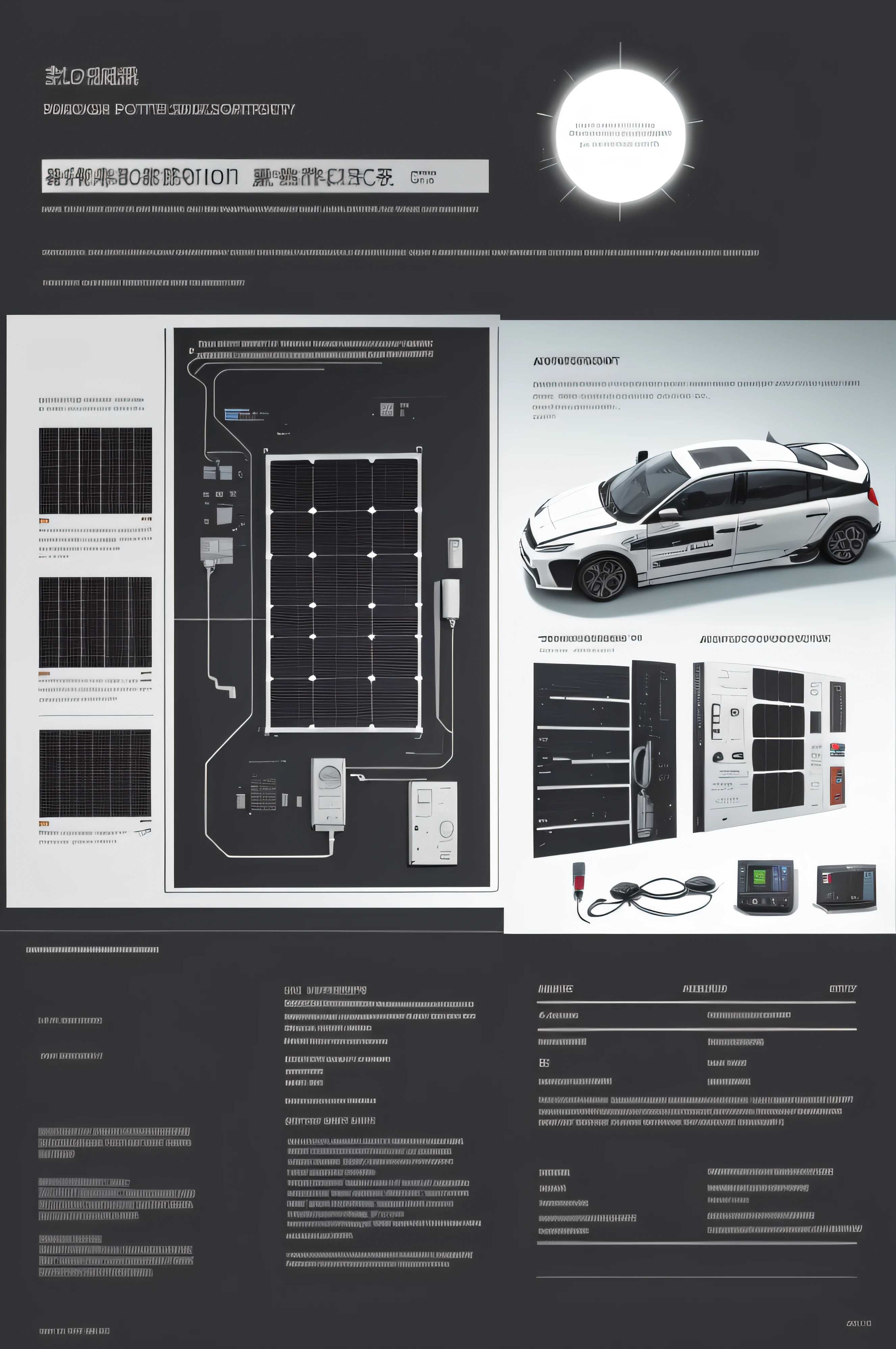 poster, theme: solar cells application; white in left and black in right; solar panel on the surface of car and airplane in left; Household power supply system in the right