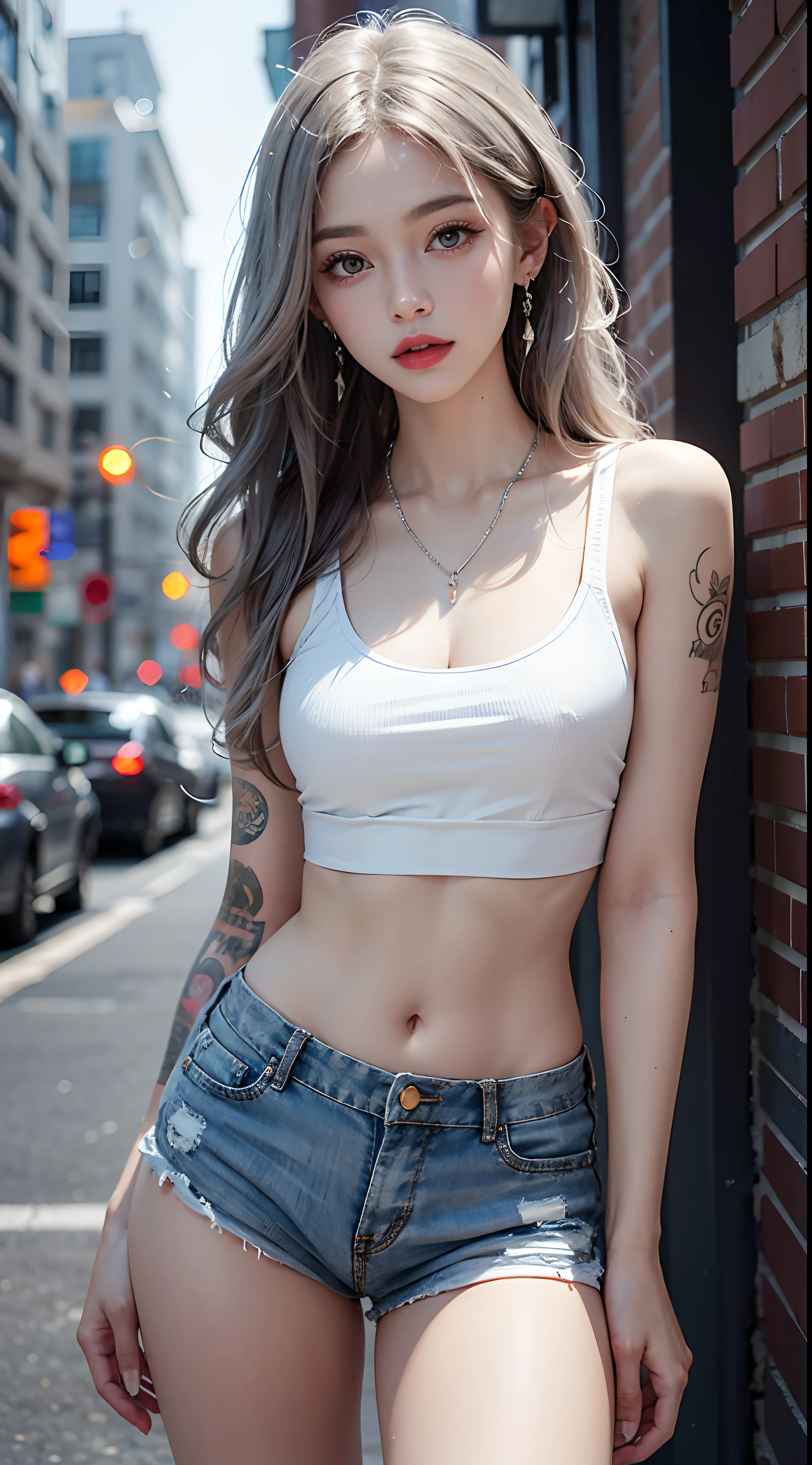 Urban beautiful girl college student, masterpiece, light makeup, red lips, silver hair, messy long hair, street background, beautiful, elegant. Ultra-fine details, master works, real texture, cinematic lighting realism, perfect work, 8k, HD, exquisite facial features, white tight open-cut top, transparent white tight shorts, slim figure, bright big eyes, smooth skin, earrings, necklace, tattoos