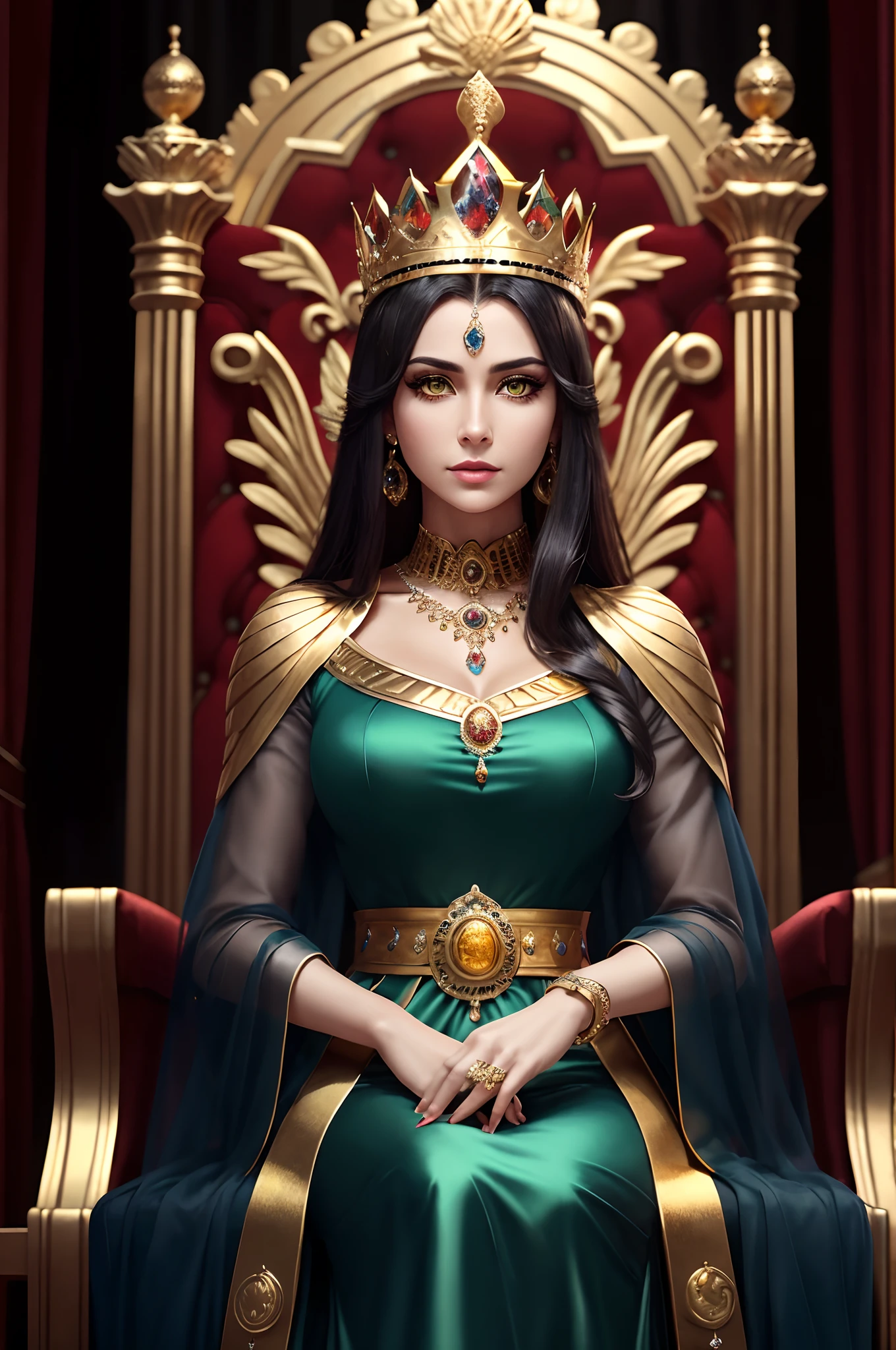 Queen of Babylon , with black hair and yellow green eyes, is glossy-skinned, looks gorgeous and dignified, has high self-esteem, wears long blue queen dress with jeweled belt, beautiful queen with perfect look, perfect body, beautiful face, puts on an golden crown, is sitting on golden throne, is commanding servants, Babylon iraqi palace, Peacocks, Babylon mythology, splendid atmosphere, photorealistic, super high quality, super detail, description of ultra-accurate, precise hands, masterpiece, 8K, HDR