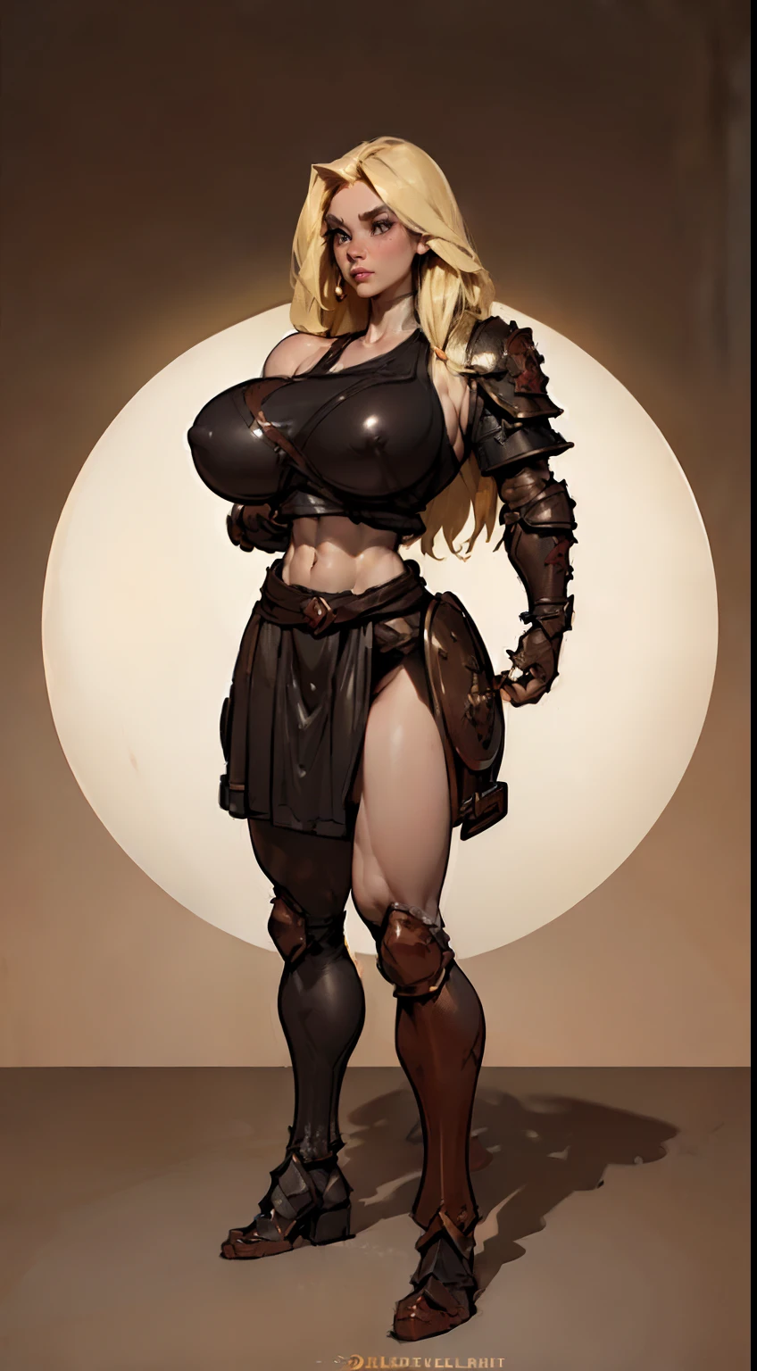 8k ((short body:1.7))((full body view)),(large eyes:1.3), (long hair:1.4), defined cheekbones, (((female dwarf:1.5))), ((the pit style:1.4))((medieval armor:1.6)) ((rusty shoulder armor:1.4))detailed face:1.5), pale skin,(puffy lips:1.5) (pale skin:1.6) ((sexy pose)),((gigantic breasts:1.5)), )highly detailed, majestic, digital photography, art by artgerm and ruan jia and greg rutkowski, ((blonde hair:1.5)), (masterpiece),((wide shoulders:1.5)) sidelighting, intricate details, (((black and brown color palette))), (((short height))), ((white legs:1.4))((black torso:1.4))((slendered abs:1.2))