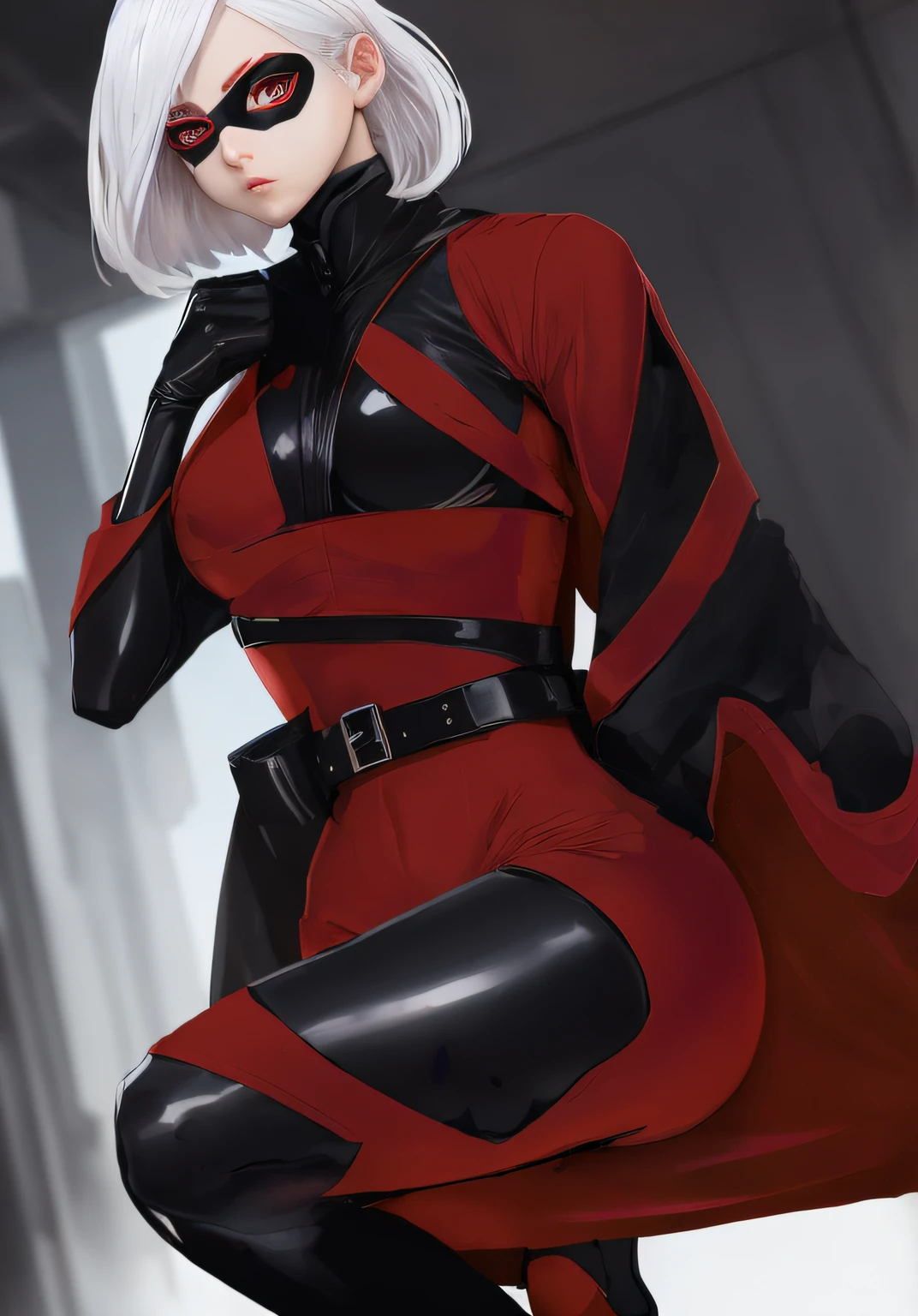 hero girl, white hair, white eyes, anime, red suit