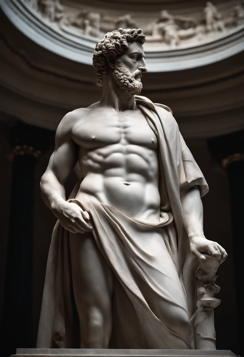 a statue of Marcus Aurelius, Emperor of Rome, Pose of authority and serene, trunk and head (dark background), Clint Cearley, Arnold render, a marble sculpture, (cinematografic:1.4), slate gray atmosphere, hyper-detailed, soft tones, details insane, low contrast,