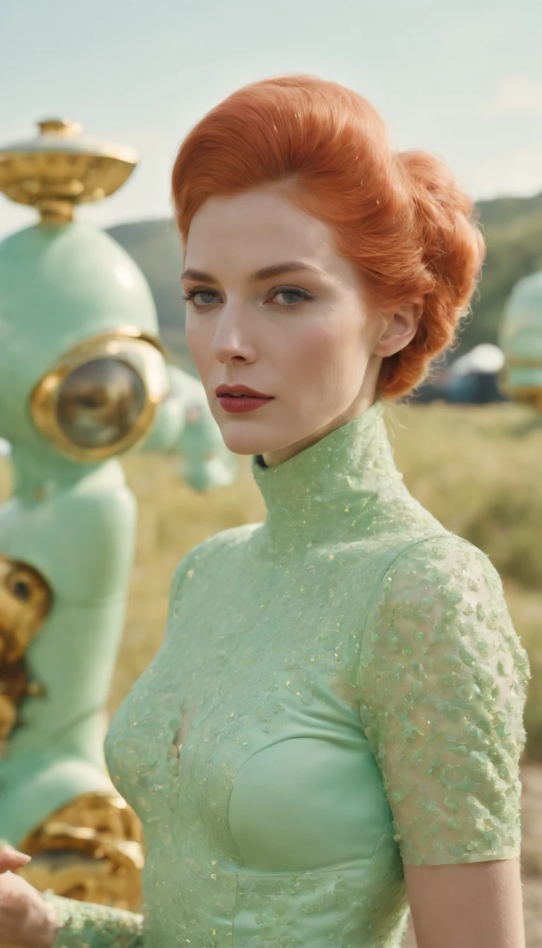 8k portrait of a 1960s sci-fi movie by Wes Anderson, 1960s Vogue, Couleurs pastel roses, jaune, blEu, vert, There are people wearing weird futuristic chameleon masks and wearing extravagant retro fashion outfits and men and women wearing alien makeup and old ornaments with mechanical pets in town., natural light, Psychedelia, Futuriste bizarre, Fotorrealista, hyper detailed, mise au point nette, intrinsic, Films Fuji 55mm,