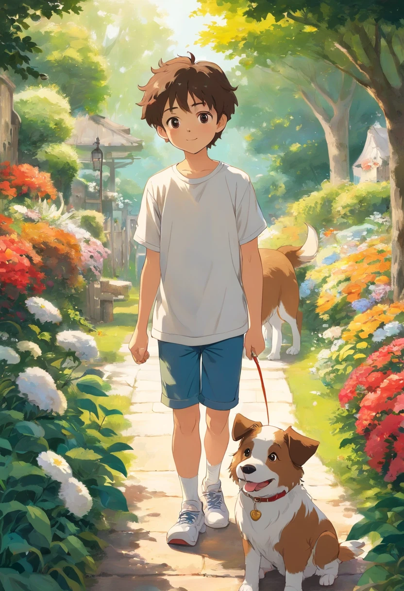 (best quality, highres), a young boy with curly hair, fair skin, and brown hair. He is surrounded by two dogs, one completely white and the other bigger with white and brown fur. The boy is in action,
puppy training with the white dog by throwing a ball, observing their movements very closely, and giving commands. The white dog happily follows the boy's actions, wagging its tail with excitement. Meanwhile, the bigger white and brown dog patiently waits for its turn, sitting beside the boy.
The scene takes place in a picturesque garden, filled with colorful flowers and lush greenery. The sunlight gently filters through the leaves, creating a warm and inviting atmosphere. The boy is wearing a white t-shirt, shorts, and comfortable sneakers, reflecting his youthful and active nature. His face shows concentration and joy as he interacts with the dogs, forming an unbreakable bond between them.
The artwork is captured as a stunning oil painting, with every detail meticulously rendered. The brushstrokes are visible, adding depth and texture to the image. The colors are vibrant and vivid, capturing the vibrancy of the garden and the dogs' fur. The overall lighting is soft and balanced, illuminating the scene in a natural and harmonious way. This prompt aims to create a heartwarming and lively artwork, showcasing the bond between a young boy and his loyal canine companions.