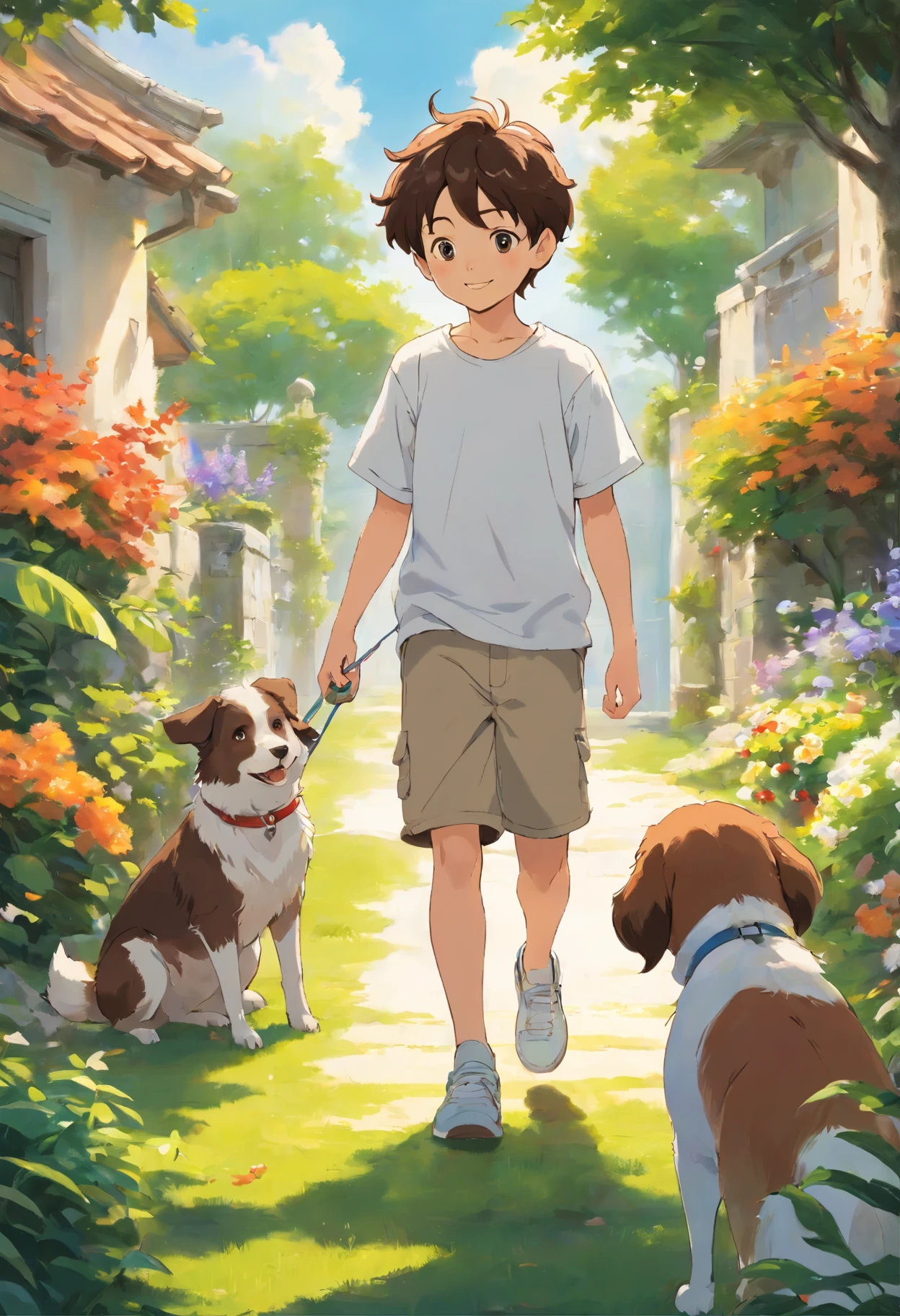 (best quality, highres), a young boy with curly hair, fair skin, and brown hair. He is surrounded by two dogs, one completely white and the other bigger with white and brown fur. The boy is in action, 

puppy training with the white dog by throwing a ball, observing their movements very closely, and giving commands. The white dog happily follows the boy's actions, wagging its tail with excitement. Meanwhile, the bigger white and brown dog patiently waits for its turn, sitting beside the boy. 

The scene takes place in a picturesque garden, filled with colorful flowers and lush greenery. The sunlight gently filters through the leaves, creating a warm and inviting atmosphere. The boy is wearing a white t-shirt, shorts, and comfortable sneakers, reflecting his youthful and active nature. His face shows concentration and joy as he interacts with the dogs, forming an unbreakable bond between them.

The artwork is captured as a stunning oil painting, with every detail meticulously rendered. The brushstrokes are visible, adding depth and texture to the image. The colors are vibrant and vivid, capturing the vibrancy of the garden and the dogs' fur. The overall lighting is soft and balanced, illuminating the scene in a natural and harmonious way. This prompt aims to create a heartwarming and lively artwork, showcasing the bond between a young boy and his loyal canine companions.