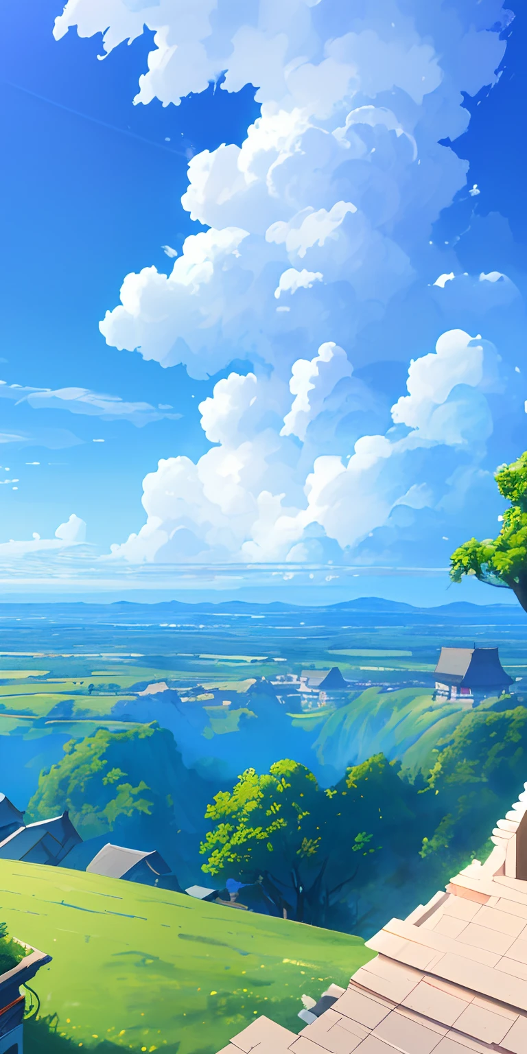 ​masterpiece, top-quality, (extremely detailed CG unified 8k wallpaper) (top-quality), (The best illustrations), (best shade)、Super Meticulous, blue-sky、Variety of clouds、Wonderfully beautiful, suasana pedesaan yang nyaman