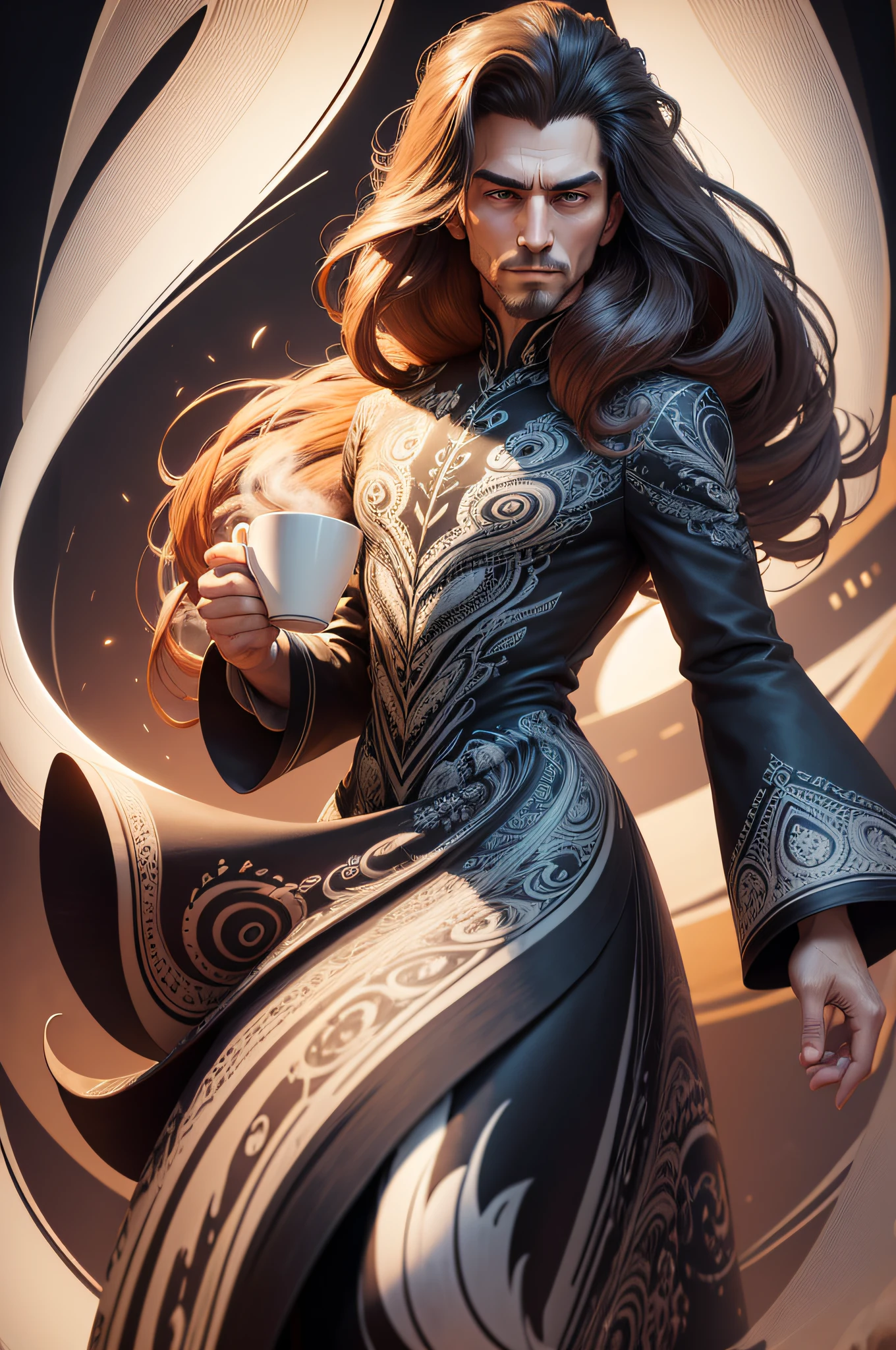 A gangster boss drink a hot cup of cofee with long swirling hair detailed dress and face, featured art, android mystic, painting of a man in the style of paper art, abstract vector fractal, wave function, Zentangle, 3d shading