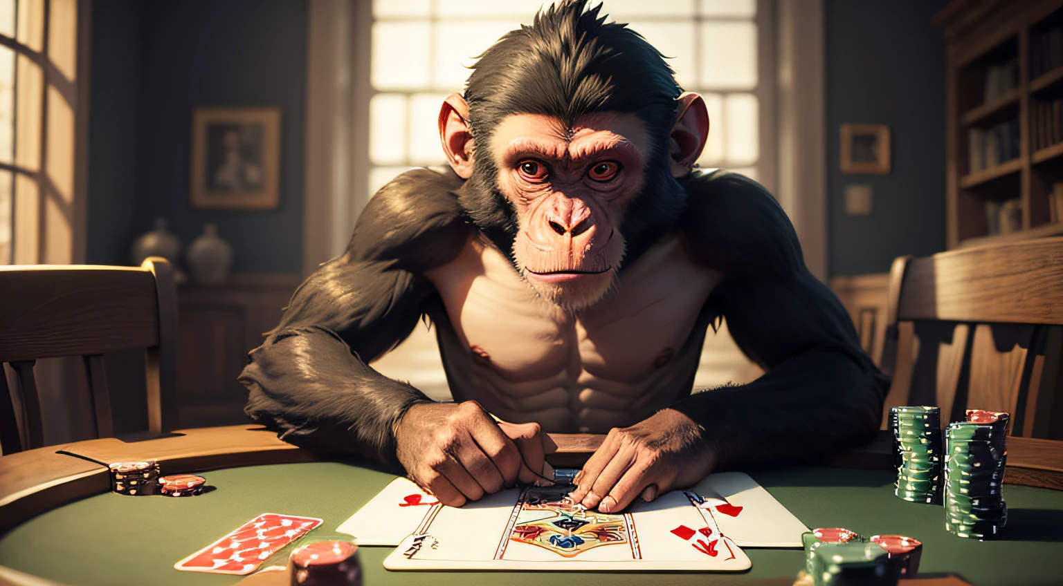Monkey playing poker, tarrot cards, mysterious, fibbonacci, masterpiece,
