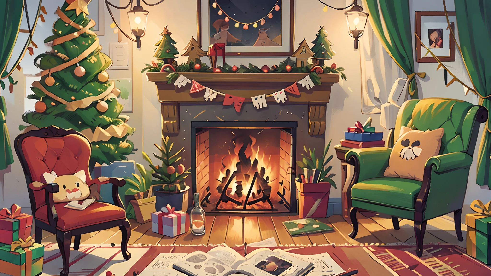 Christmas tree, present, fireplace, night, cartoon illustration style, vintage tone,