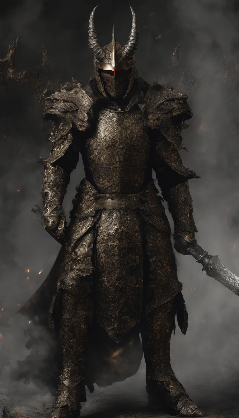warrior, concept-art, author：Kishiganku, Fantasy art, battleground background, clean render, a horned, Wear a suit of armor, Detailed bushido form smoke, helmet of a forgotten deity, character is standing, 8k Realistic, in game render, detailed face background detail, Art station front page, taur, Pseudo-medieval fantasy, A deity wearing koi armor, detailed bronze armor, Bronze armor, golden etched armor, gold obsidian armor, Light gold armor, Gorgeous filigree armor, A demonic warrior, Gorgeous armor full of thorns, Intricate assasin armor, Intricate metal armor, powerful warrior, Dressed in gorgeous gold armor，Decorated with intricate patterns, The helmet has a large crown and two horns,Glowing red eyes， Everything is in the dark, The smoky background hints at battle scenes, Add an ominous aura to his character，submission, Full body shot.