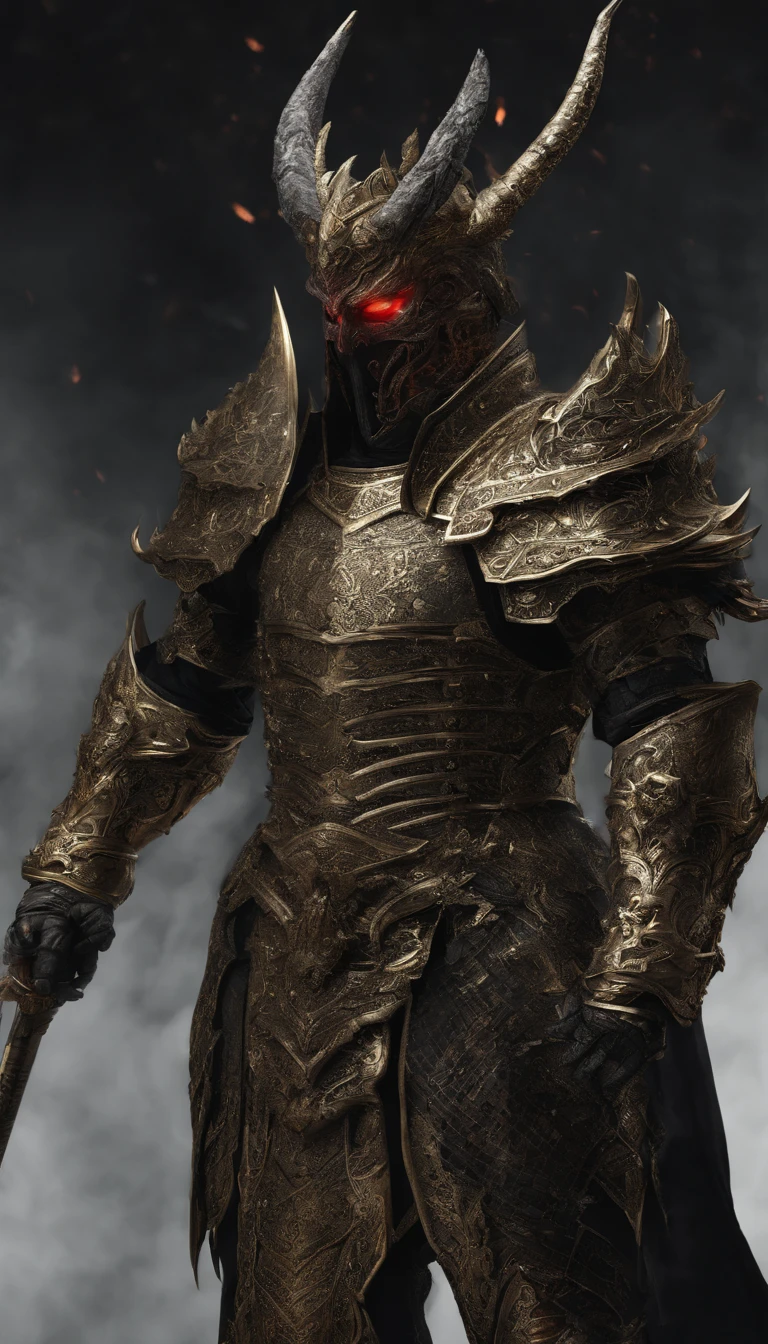 warrior, concept-art, author:Kishiganku, Fantasy art, battleground background, clean render, a horned, Wear a suit of armor, Detailed bushido form smoke, helmet of a forgotten deity, character is standing, 8k Realistic, in game render, detailed face background detail, Art station front page, taur, Pseudo-medieval fantasy, A deity wearing koi armor, detailed bronze armor, Bronze armor, golden etched armor, gold obsidian armor, Light gold armor, Gorgeous filigree armor, A demonic warrior, Gorgeous armor full of thorns, Intricate assasin armor, Intricate metal armor, powerful warrior, Dressed in gorgeous gold armor,Decorated with intricate patterns, The helmet has a large crown and two horns,Glowing red eyes, Everything is in the dark, The smoky background hints at battle scenes, Add an ominous aura to his character,submission, Full body shot.